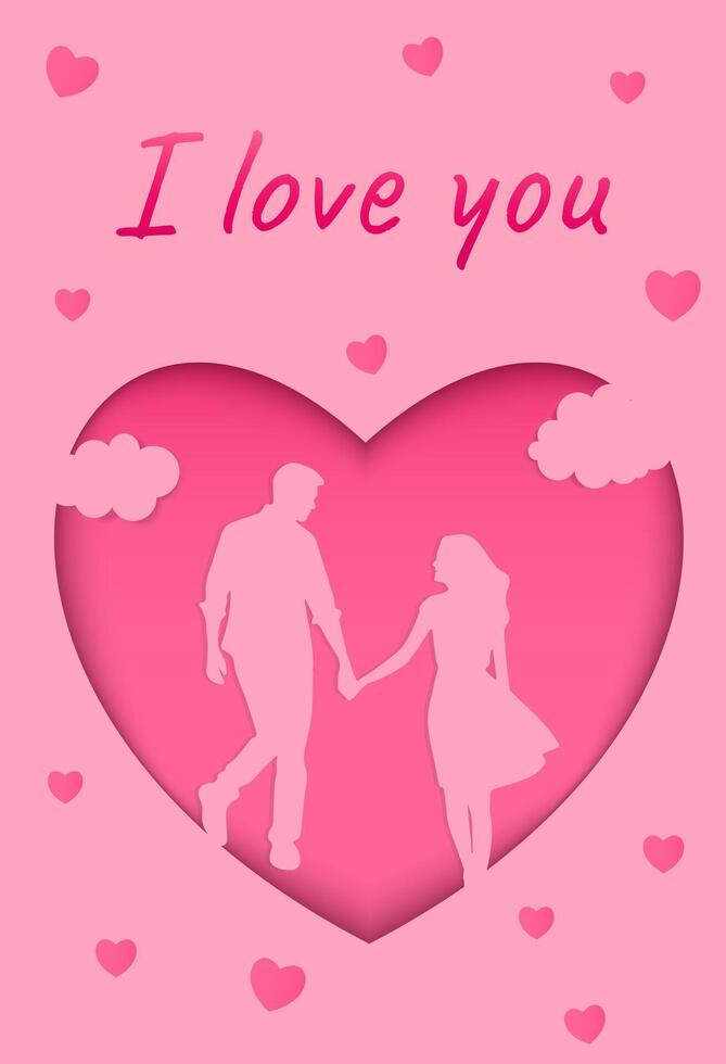 valentines day card with couple in love and hearts and paper cut style vector