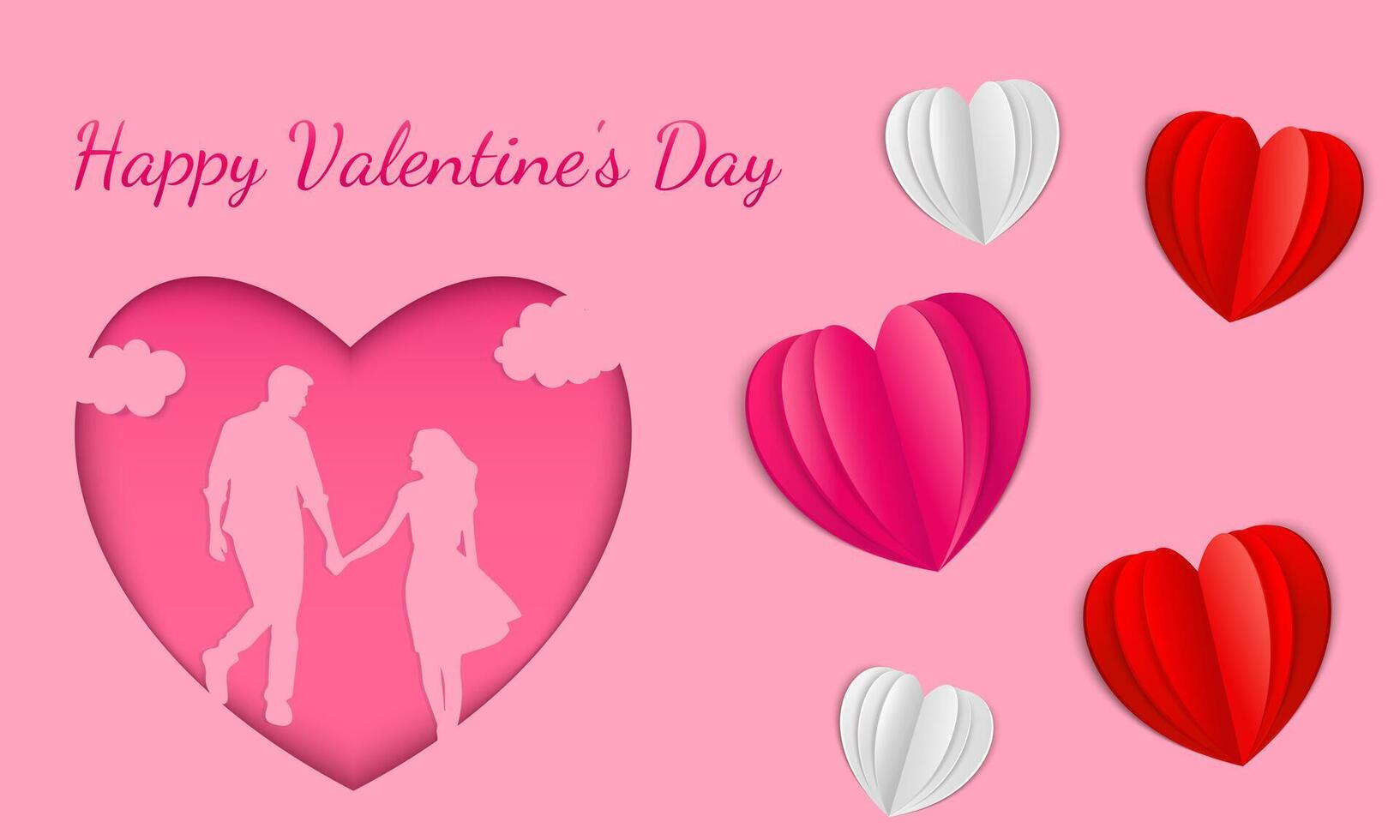 Valentine's day card with hearts and couple in love in cut paper style vector