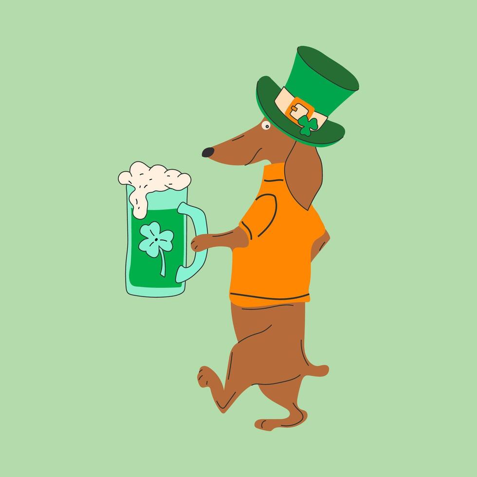 Set of dachshund dogs wearing costumes for St. Patrick's day. A cartoon dog wearing an orange shirt and holding a beer mug vector