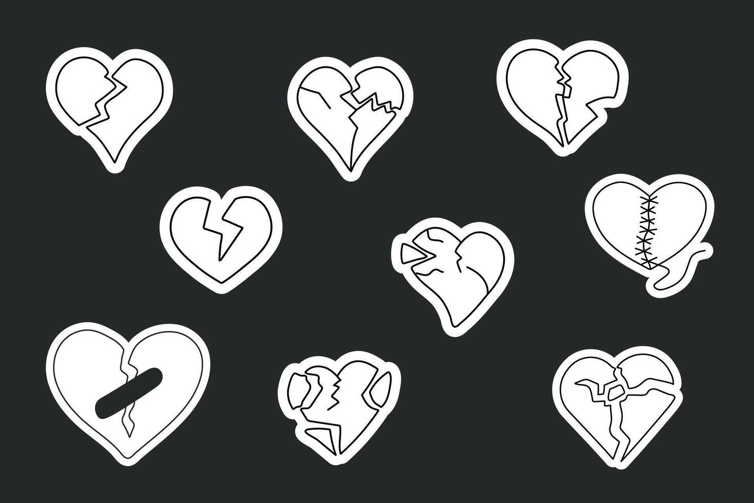 Set of stickers featuring a one line drawing of a broken heart symbol vector