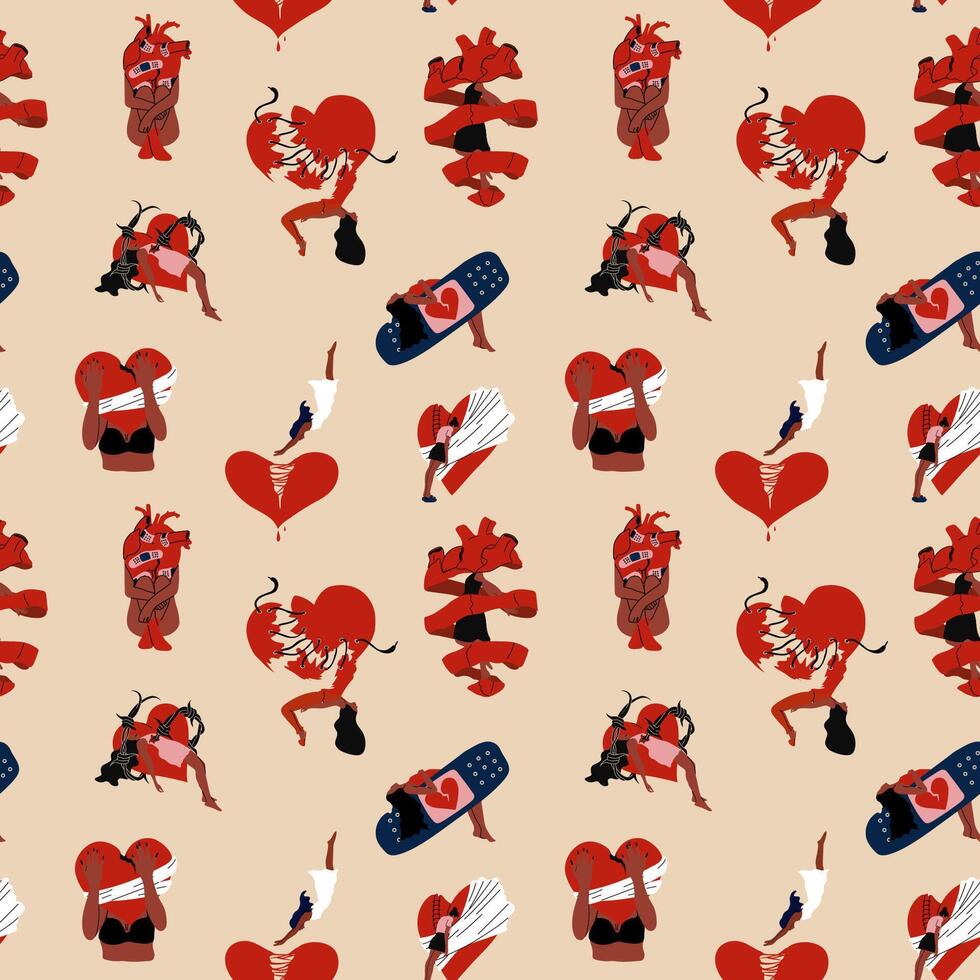 Seamless pattern with girls with a broken heart. Anti Valentine's day concept. vector