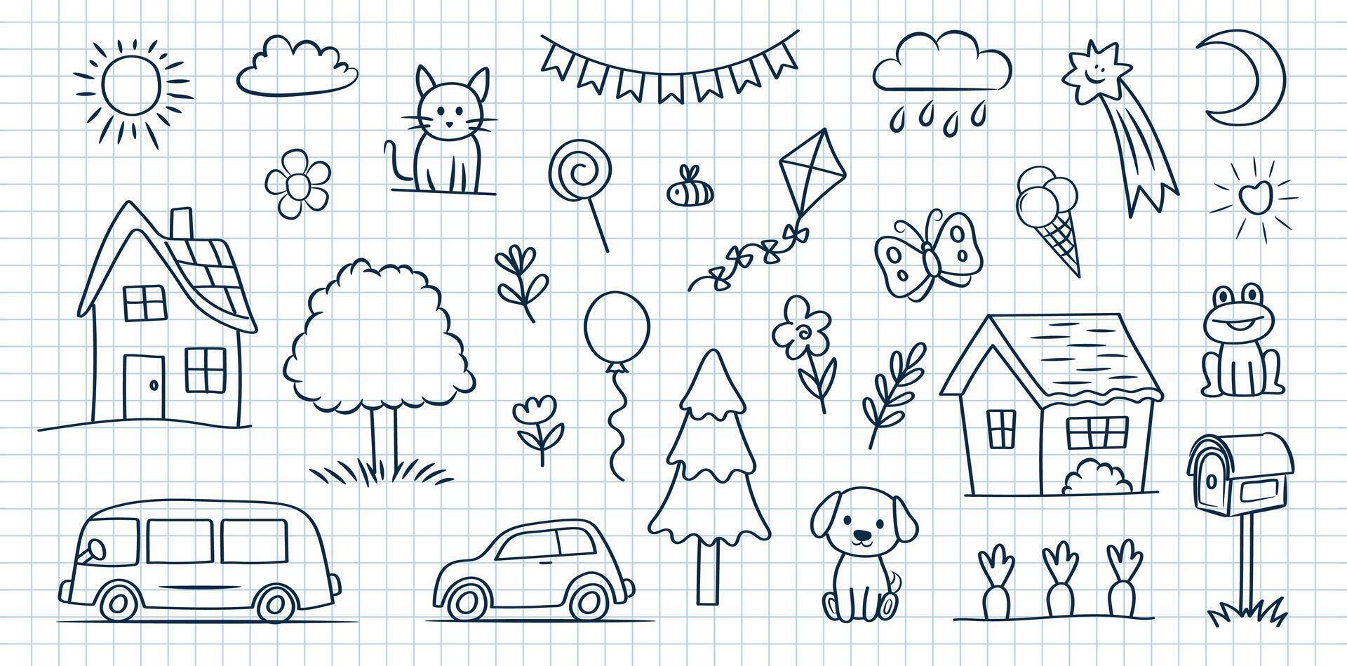 Cute doodle set of naive children's drawings. House, tree, cat, dog, etc. on the background of a notebook sheet. vector