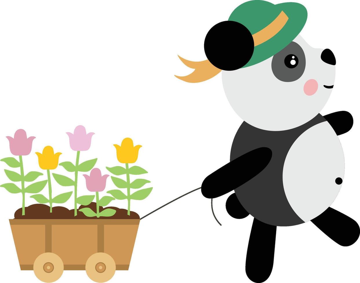Gardener panda pulling wooden small cart with flowers vector