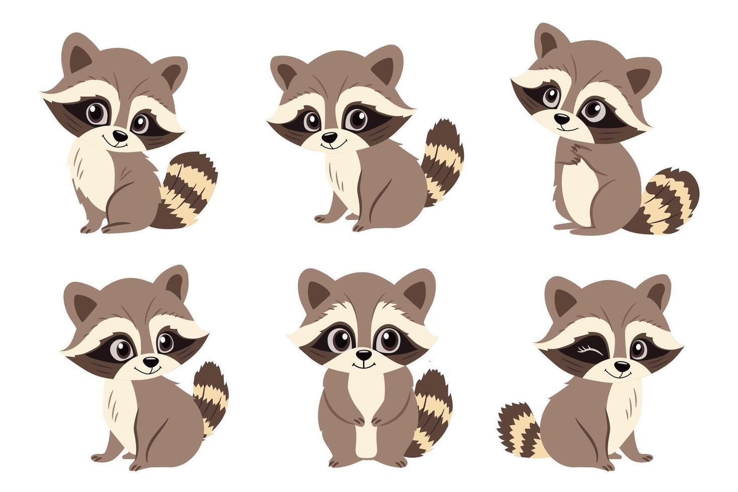 Cute raccoons in different poses. Set of illustrations in cartoon style on a white background. vector