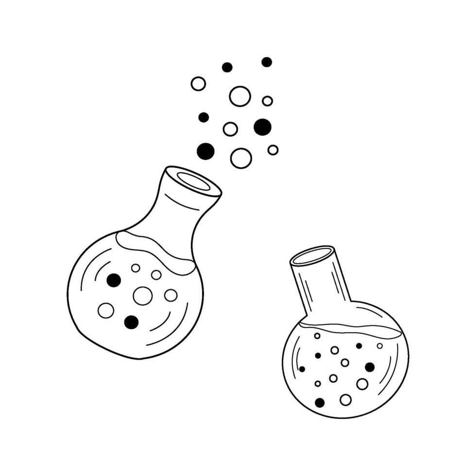 Magic Bottle, Glass flask bubbles inside and outside. illustration Alchemical elixirs, potions, liquids different. Thema magic, medicine, alternative therapy. vector