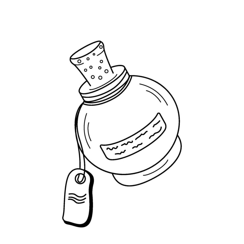 Magic Bottle, Glass flask with stoppers, label and bubbles. illustration Alchemical elixirs, potions, liquids different. Thema magic, medicine, alternative therapy. vector