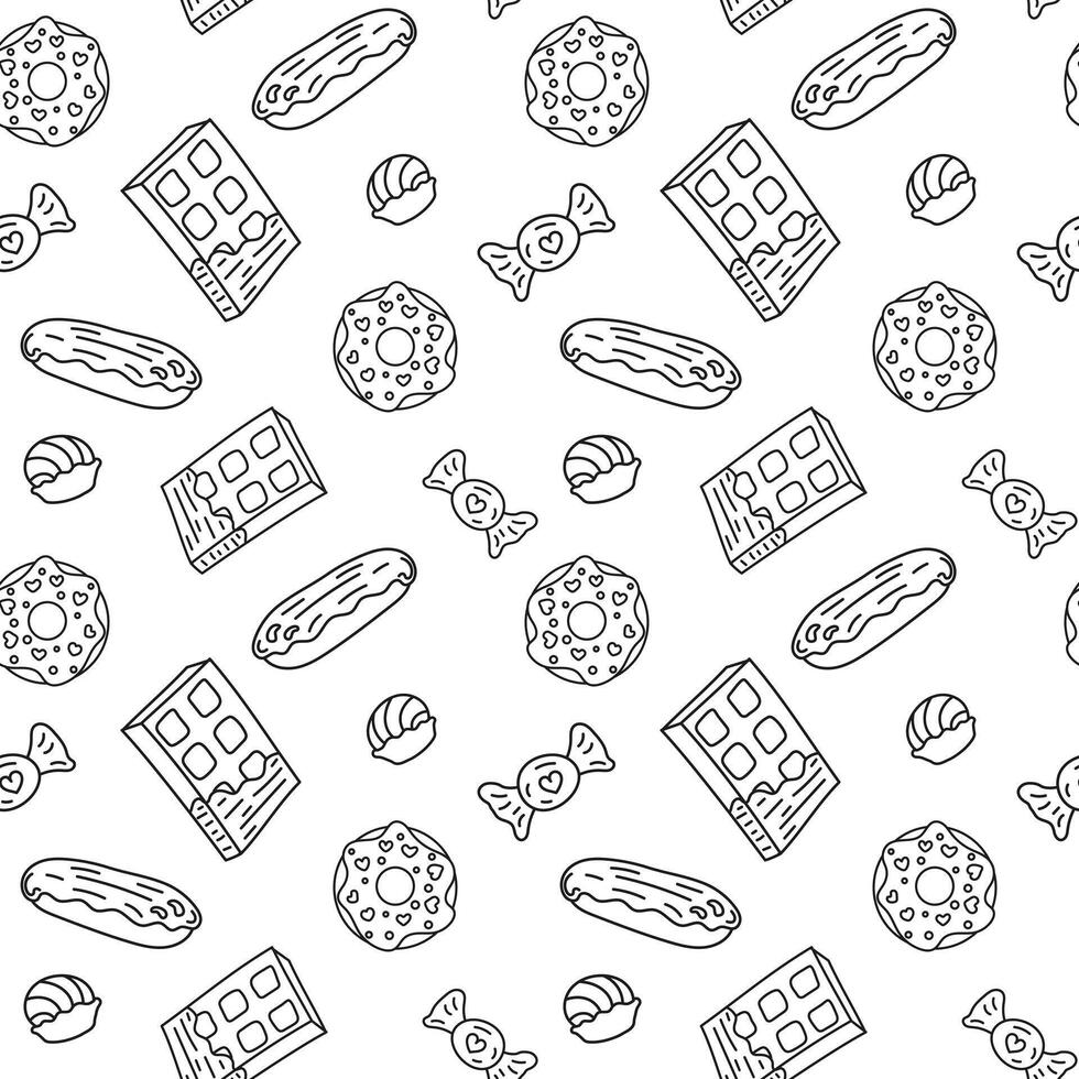 Sweets doodle Seamless pattern with chocolate, candies, eclairs, donuts. patterns endless. Black line sample pattern for wallpaper, fabric, packaging, background. vector