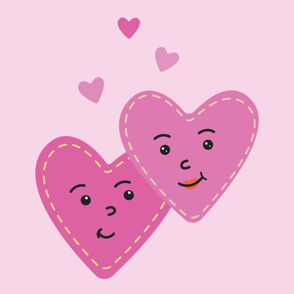 Two cartoon hearts on a pink background. illustration of two loving happy hearts. Happy Valentine's Day, wedding invitations. vector