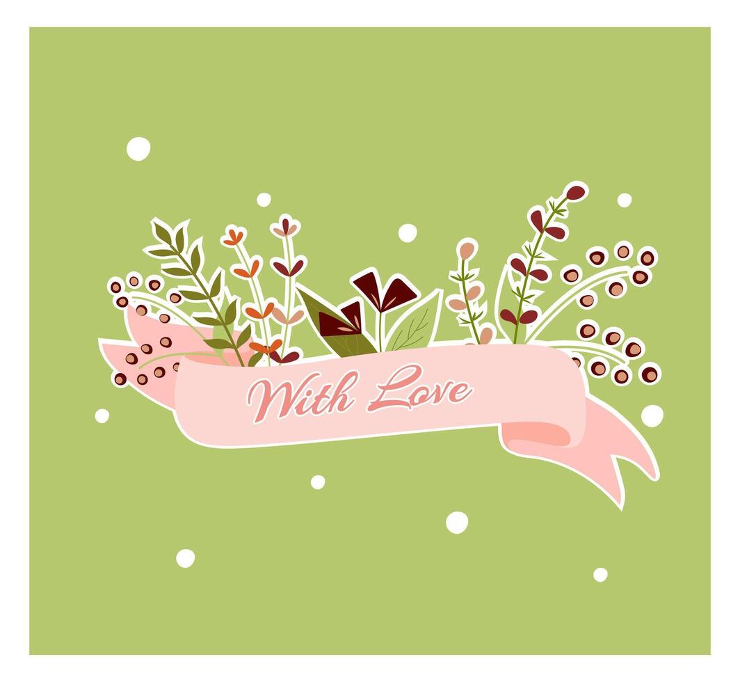 Invitation floral template with delicate bow, and blossom flowers on a green background. Flowers and lettering with love for design card, postcard, and flyer. vector