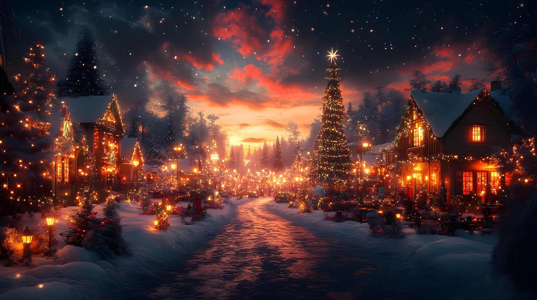 Winter Village Landscape with Christmas Lights Illustration photo
