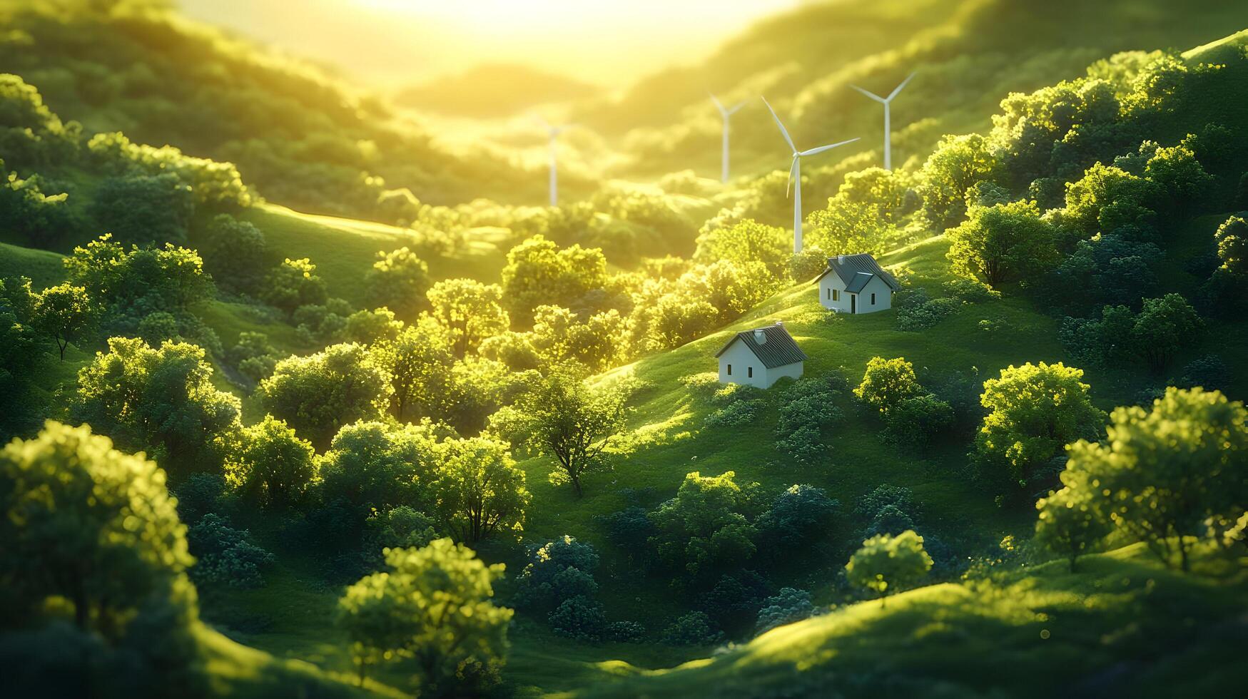 Green Hills with Houses and Wind Turbines - 3D Illustration photo