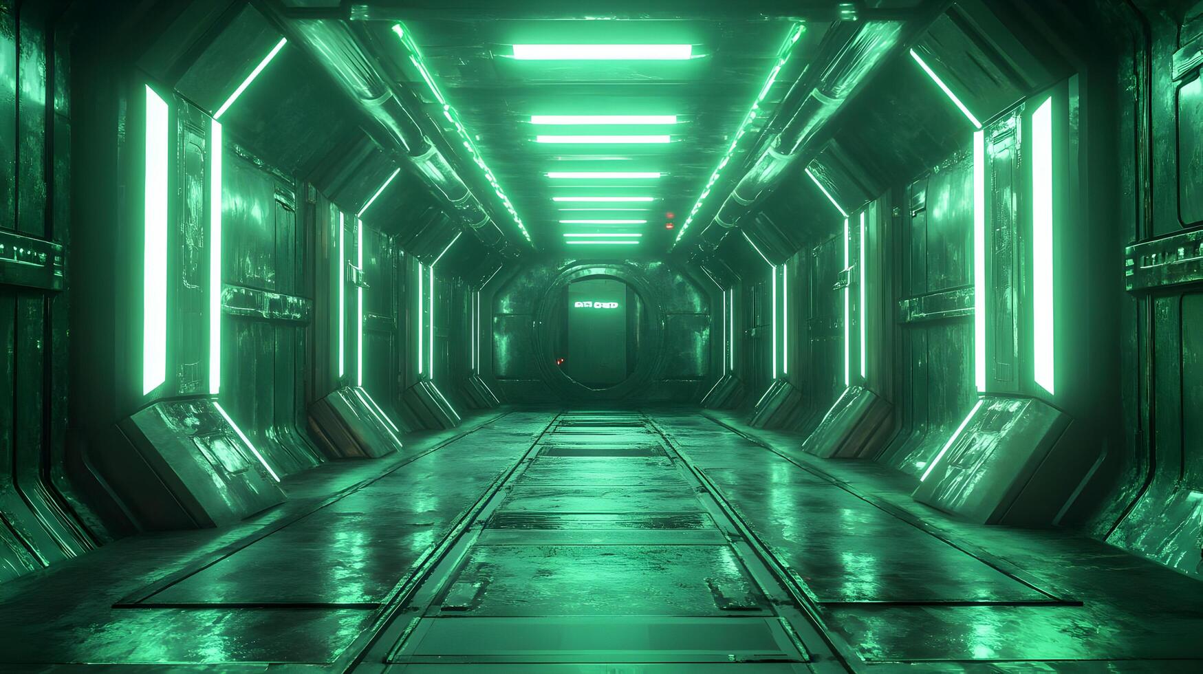 Futuristic Green Corridor with Glowing Lights 3D Illustration photo