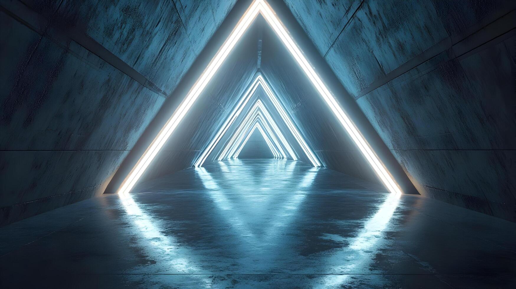 3D Abstract Background - Glowing Neon Triangles in Dark Concrete Tunnel photo