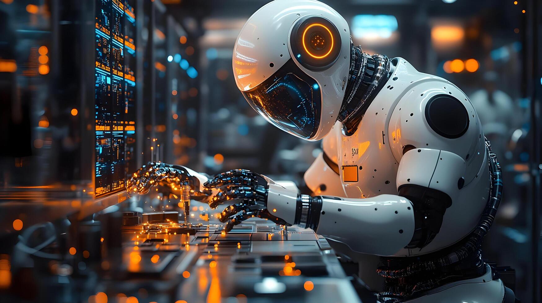 Futuristic Robot Working on a Computer Illustration photo