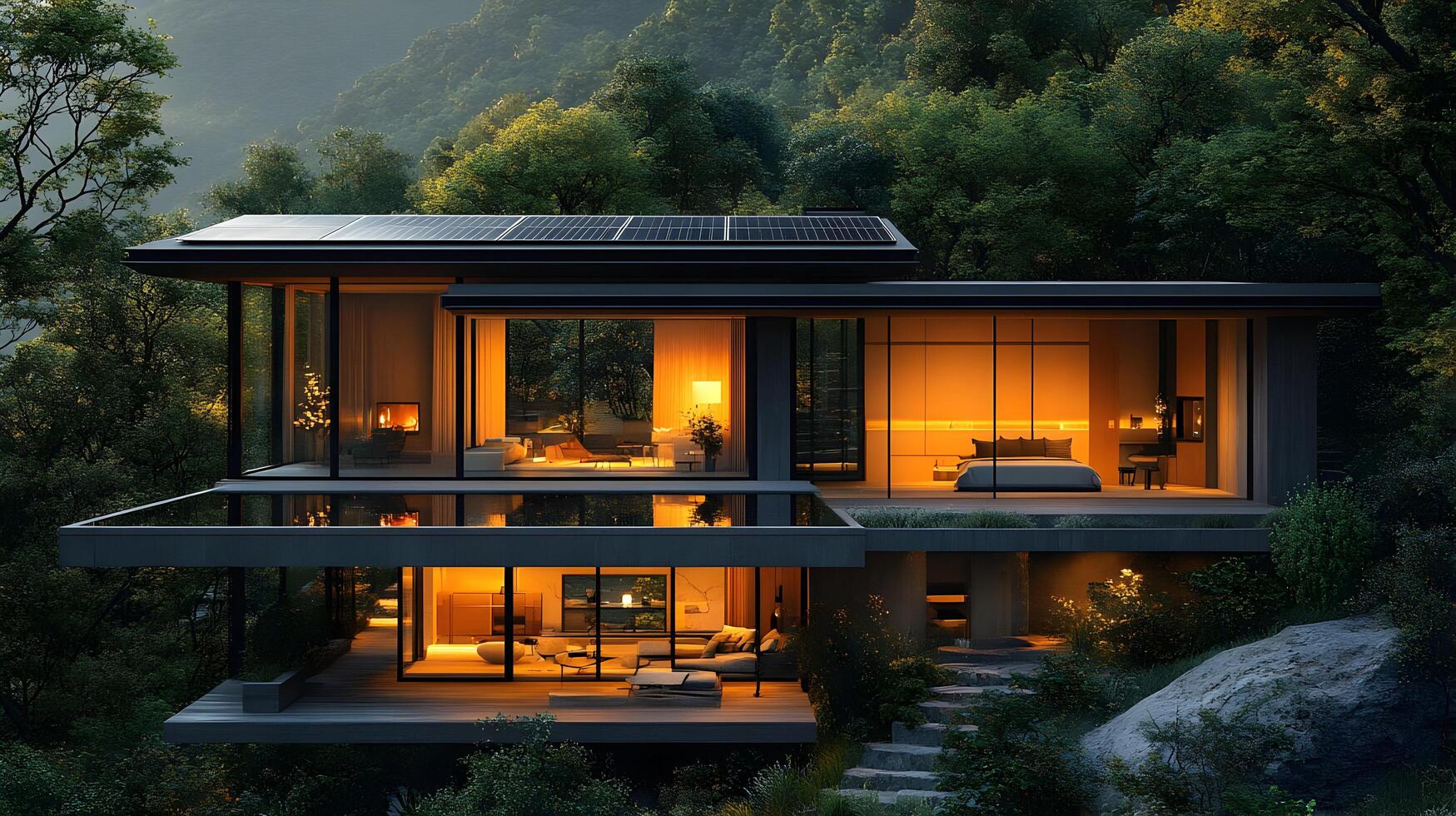 Modern Glass House with Solar Panels in the Woods - 3D Illustration photo