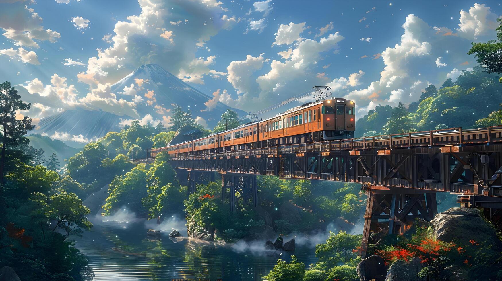 Train Crossing Mountain Bridge Illustration photo