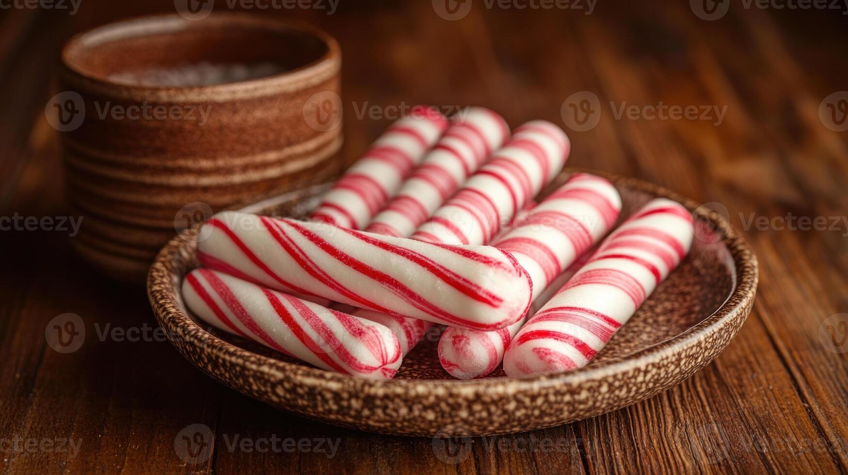 A delightful array of peppermint sticks sits on a crafted plate, inviting sweetness photo