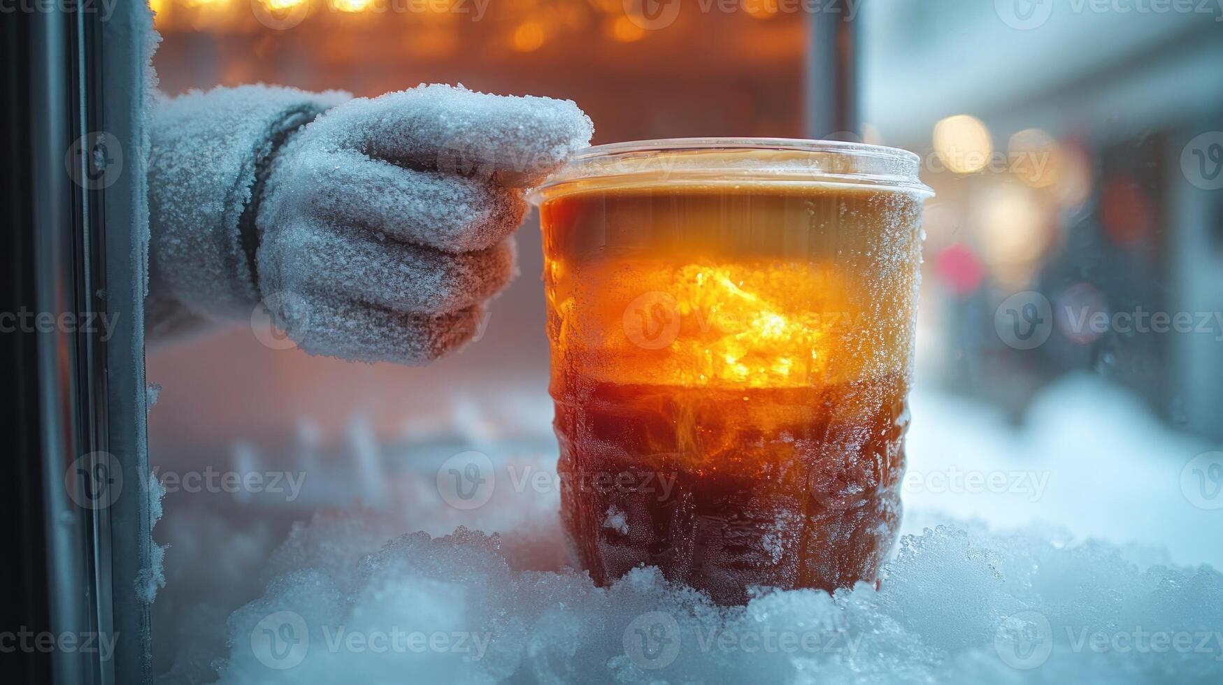 A warm drink held in a gloved hand, contrasting against a snowy environment photo