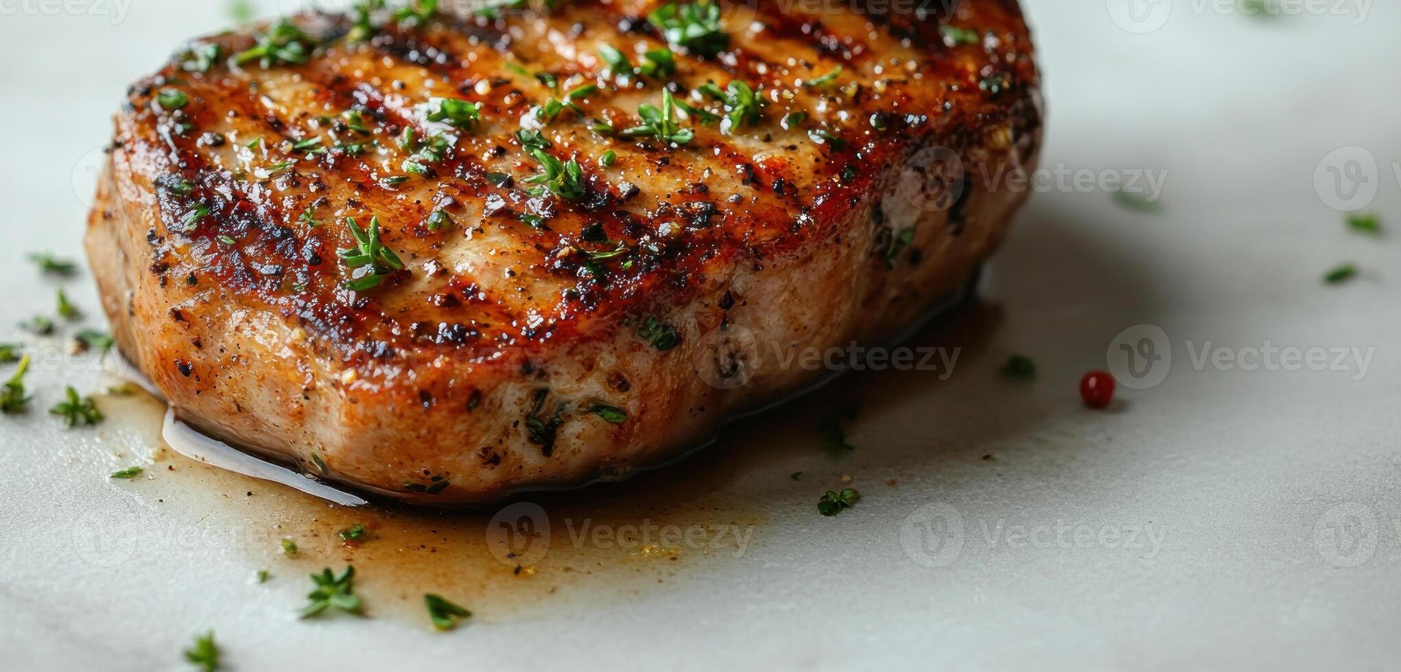 A mouthwatering grilled pork chop seasoned with herbs rests on a rustic table photo