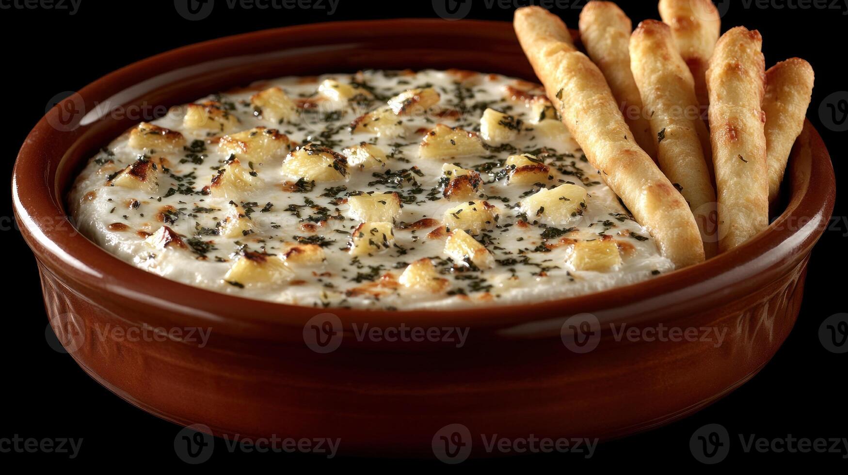 Delicious dip with cheese and herbs served with crispy breadsticks for a tasty snack photo