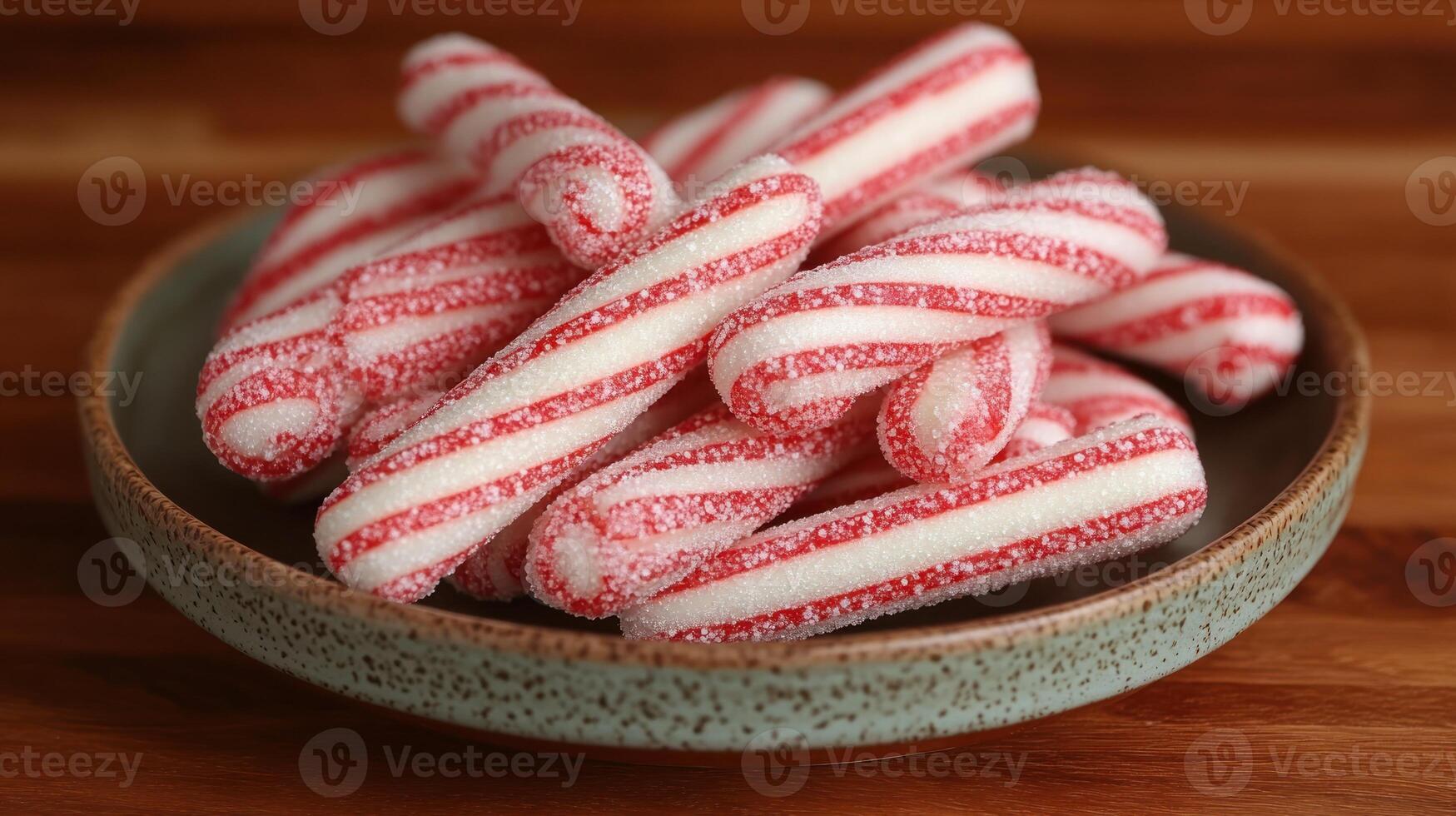 A colorful display of sugary peppermint sticks fills a bowl on a wooden surface photo