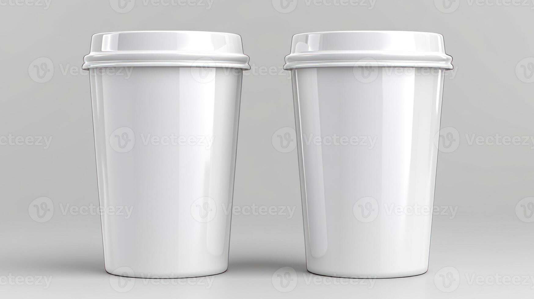 Two clean, empty white coffee cups are showcased on a smooth gray surface photo
