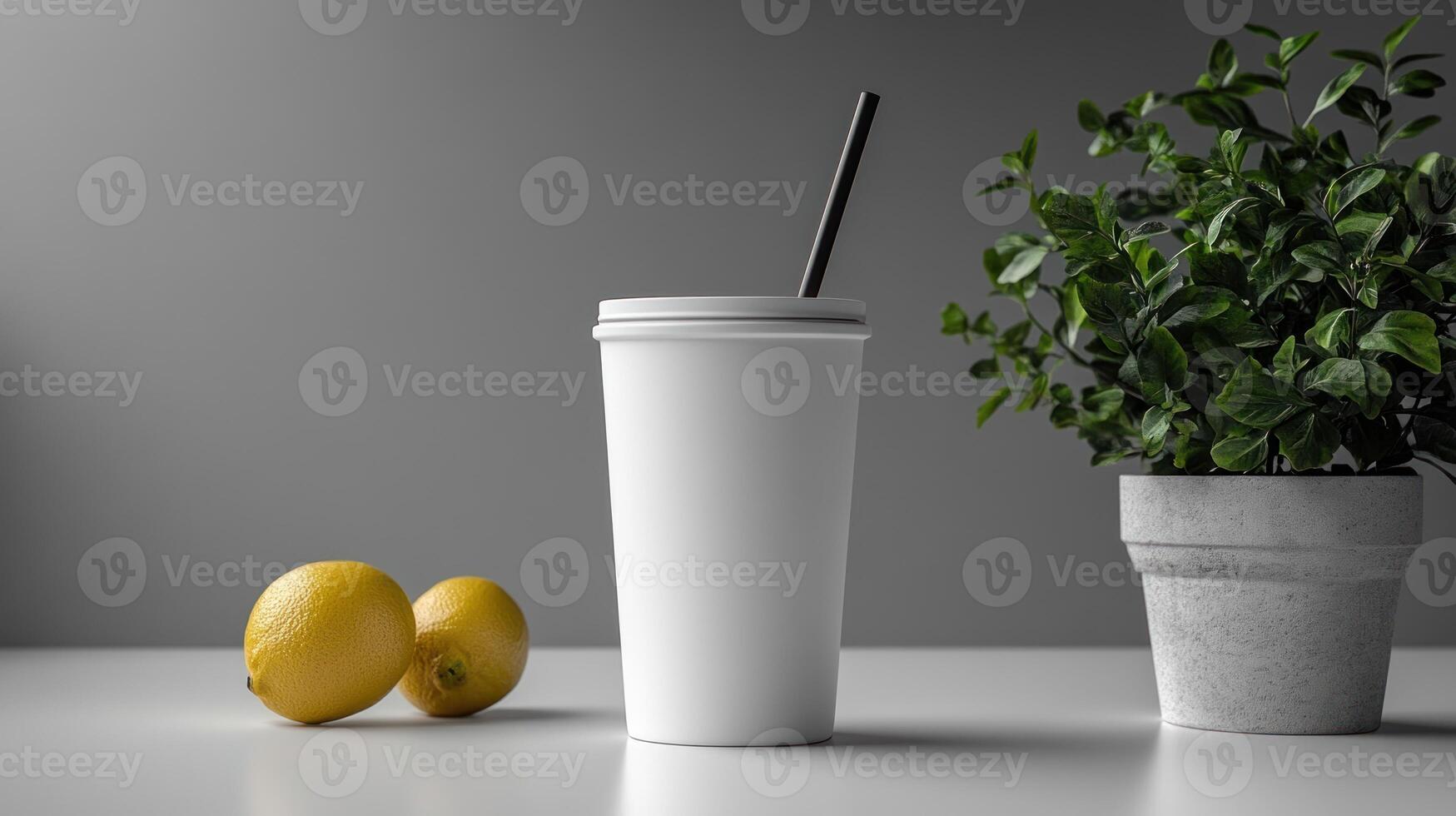 A stark, modern arrangement shows a cup beside fresh lemons and a vibrant potted plant photo