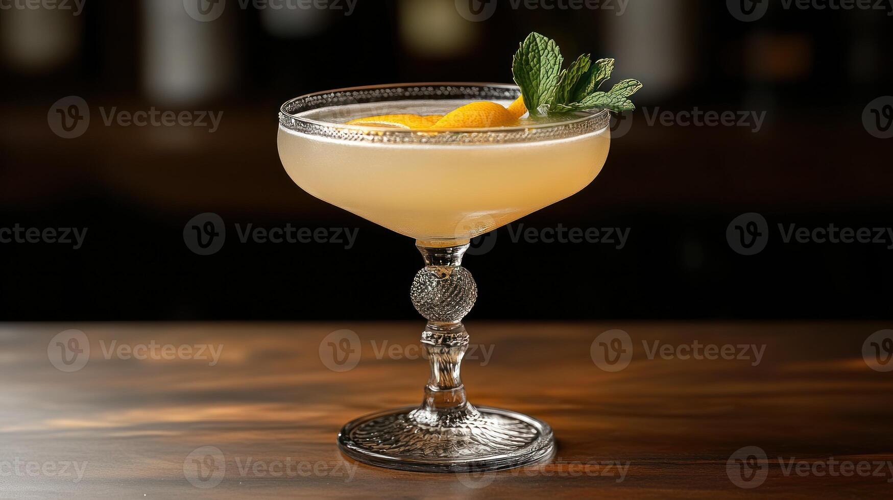 A delightful cocktail garnished with mint and peaches invites enjoyment at sunset photo