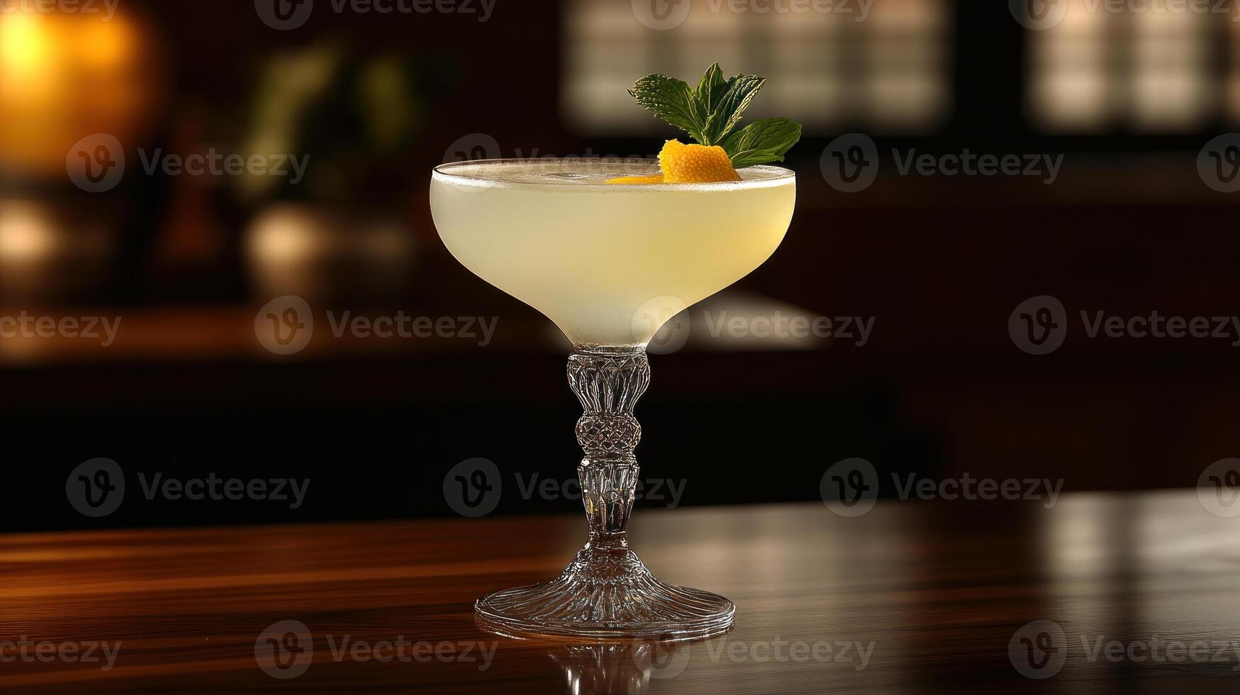 A crafted cocktail with mint and citrus sits on a polished wooden bar photo