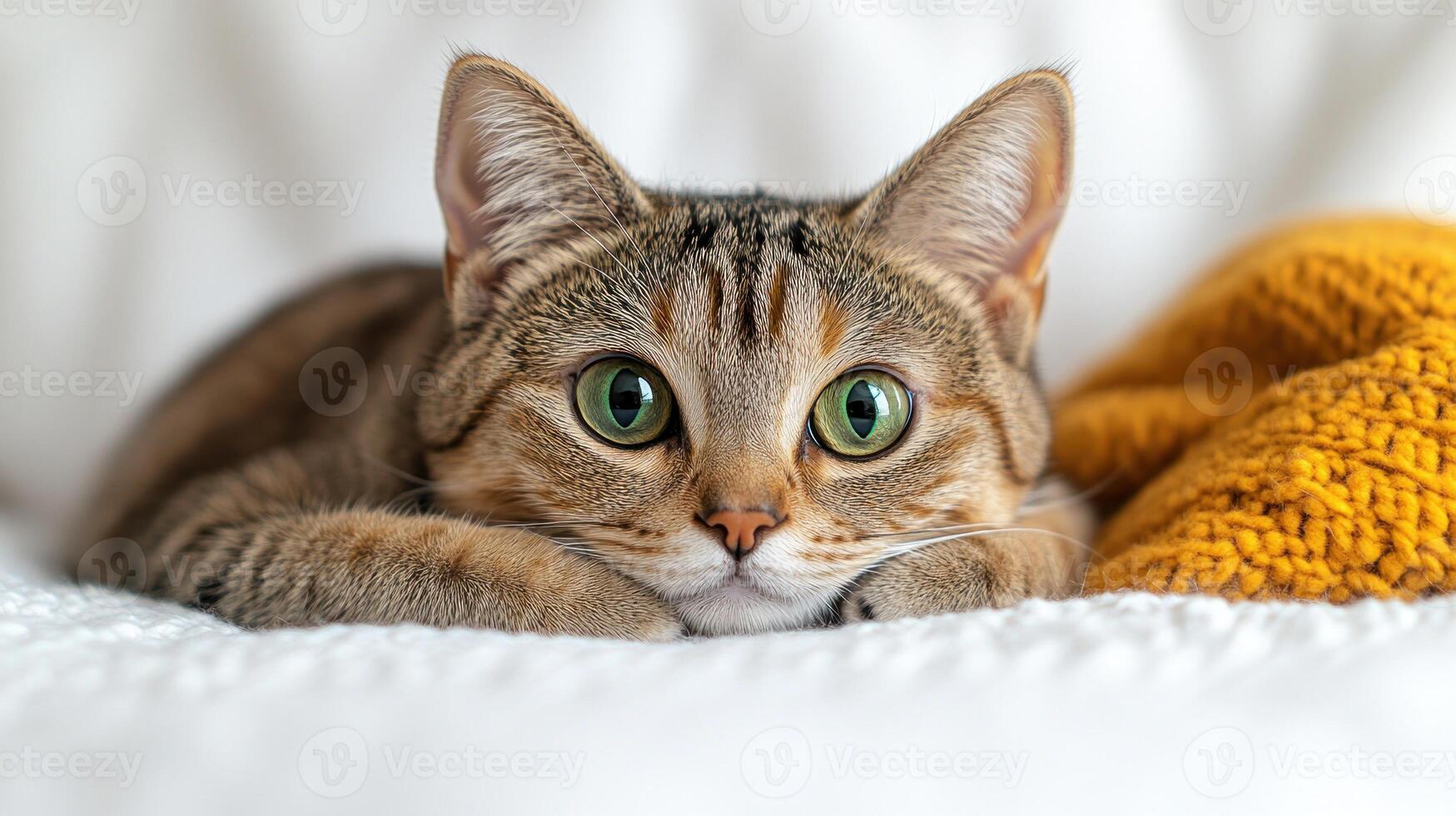 A playful tabby rests with wide green eyes, savoring a moment of calm and curiosity photo