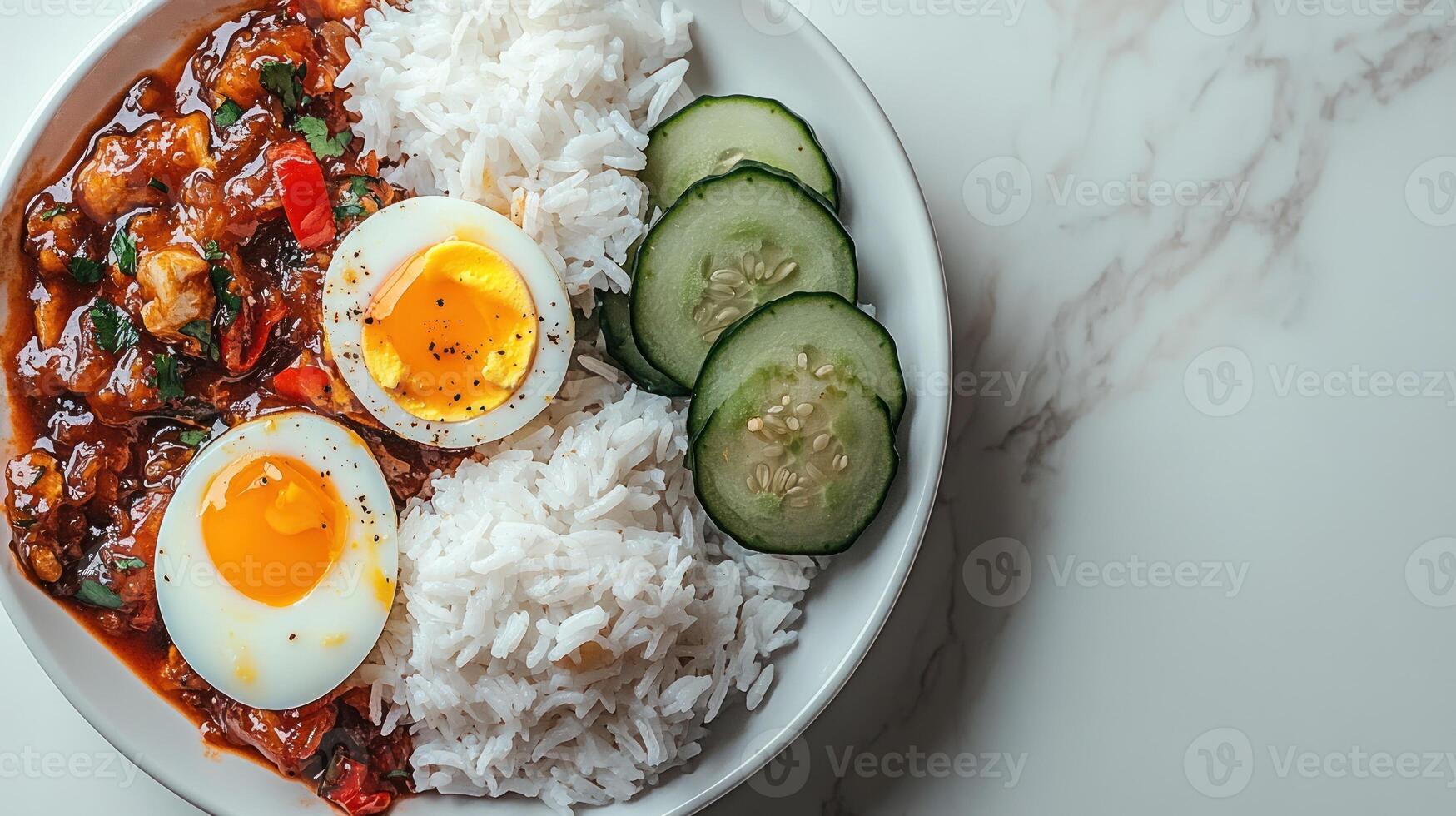 Savor the rich flavors of egg curry paired perfectly with fluffy rice and crisp cucumbers photo