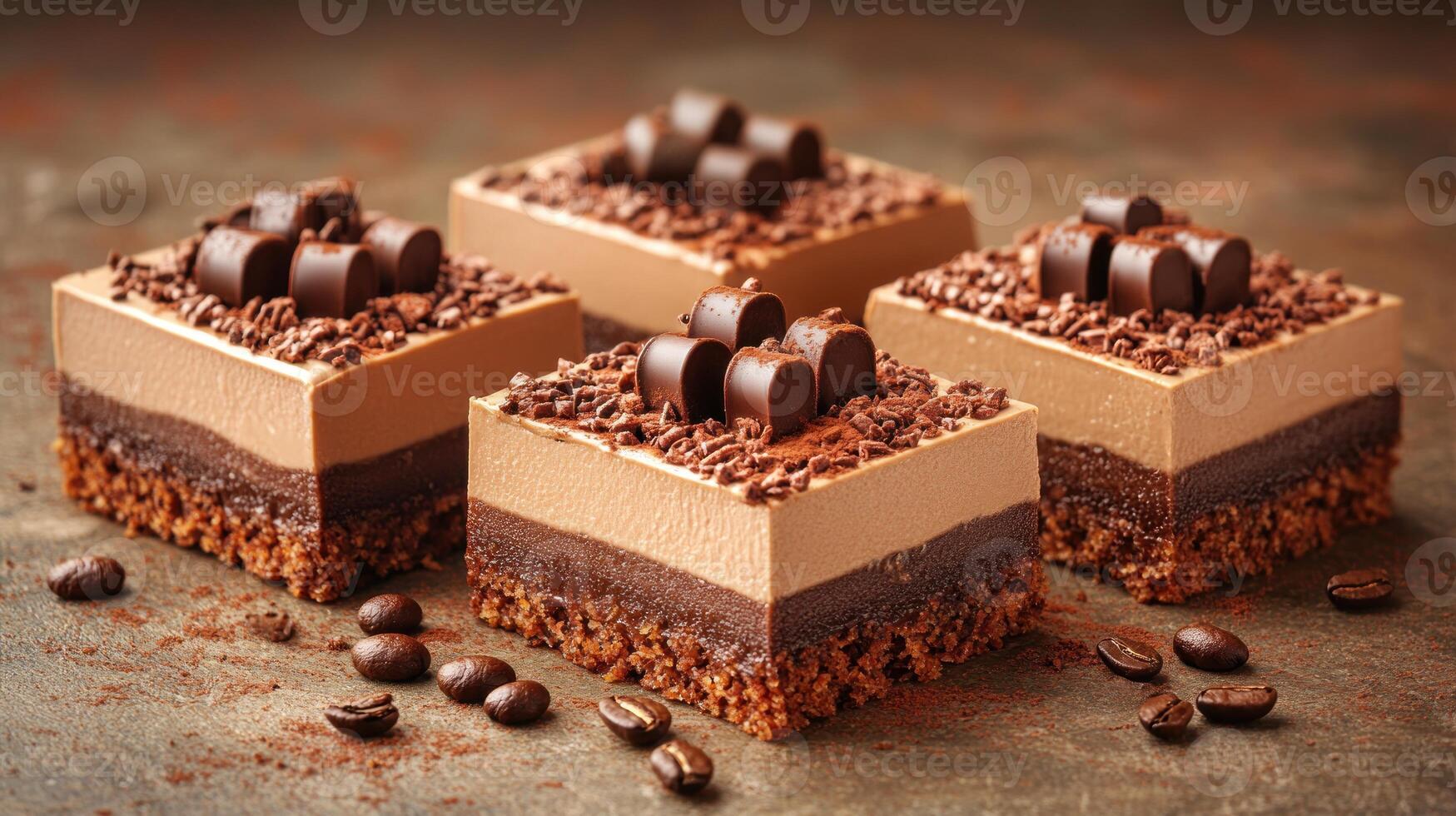 Four luxurious chocolate treats topped with cocoa and chocolate curls invite indulgence photo