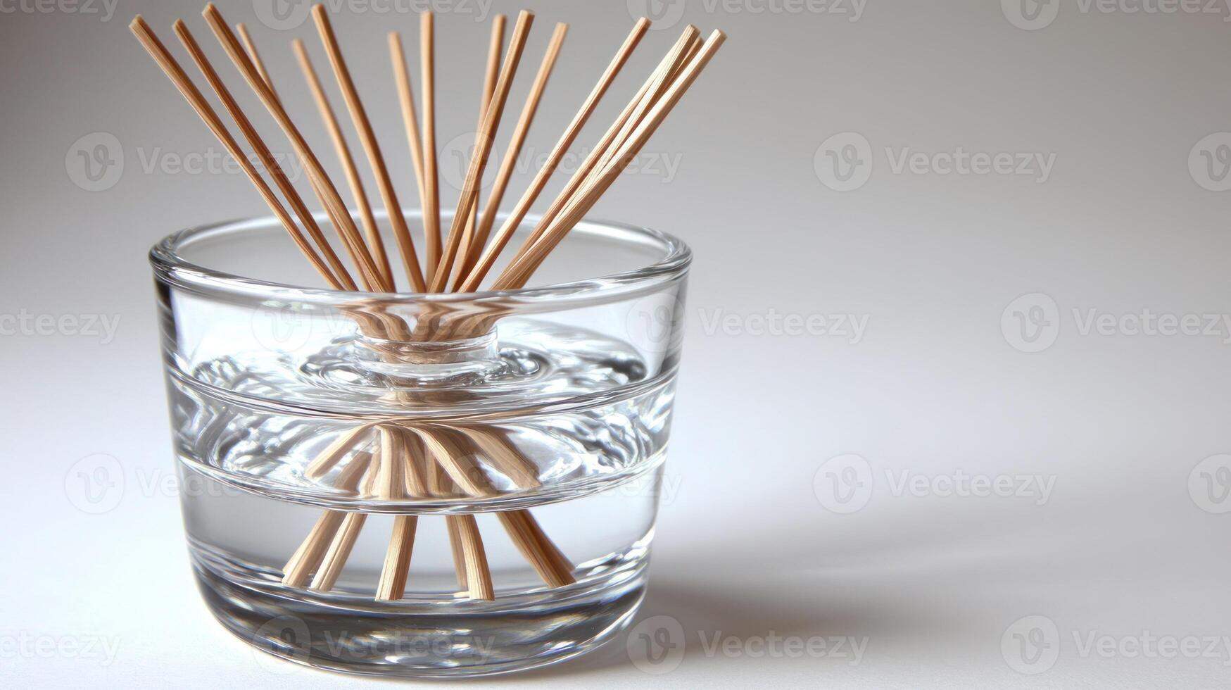 A delicate aroma diffuser showcases wooden reeds placed in water, enhancing tranquility photo