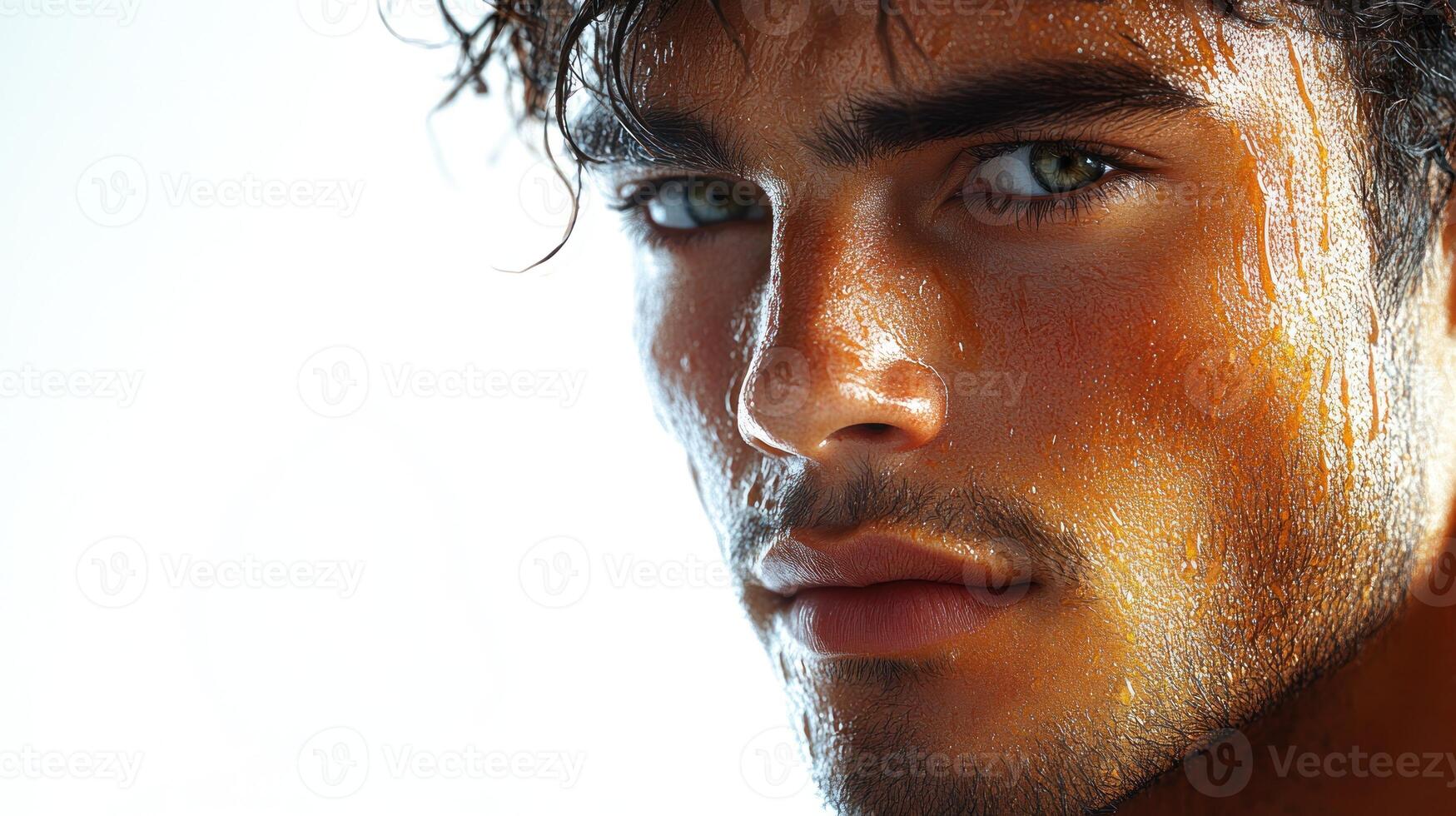 A young man showcases striking features, glistening with droplets of water photo