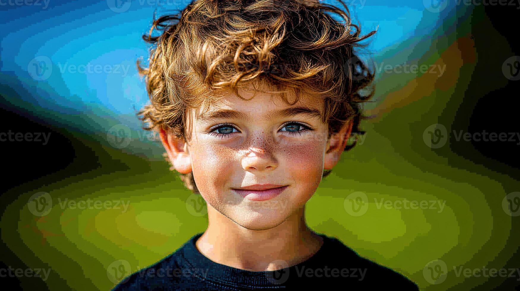 A joyful child with tousled hair enjoys a sunny day in a lush green setting photo
