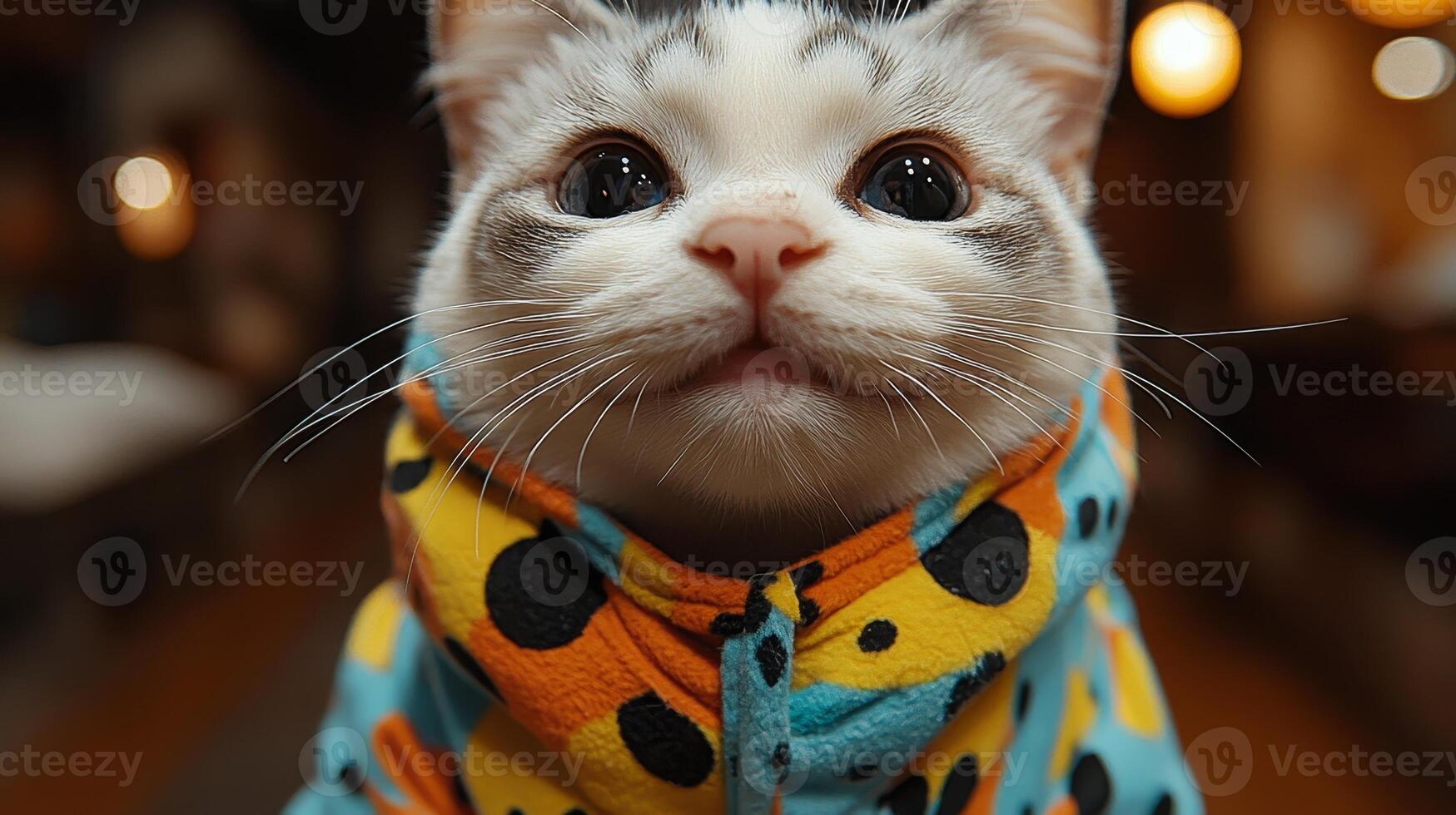 A cute cat wearing a vibrant, patterned outfit gazes playfully in a warm environment photo