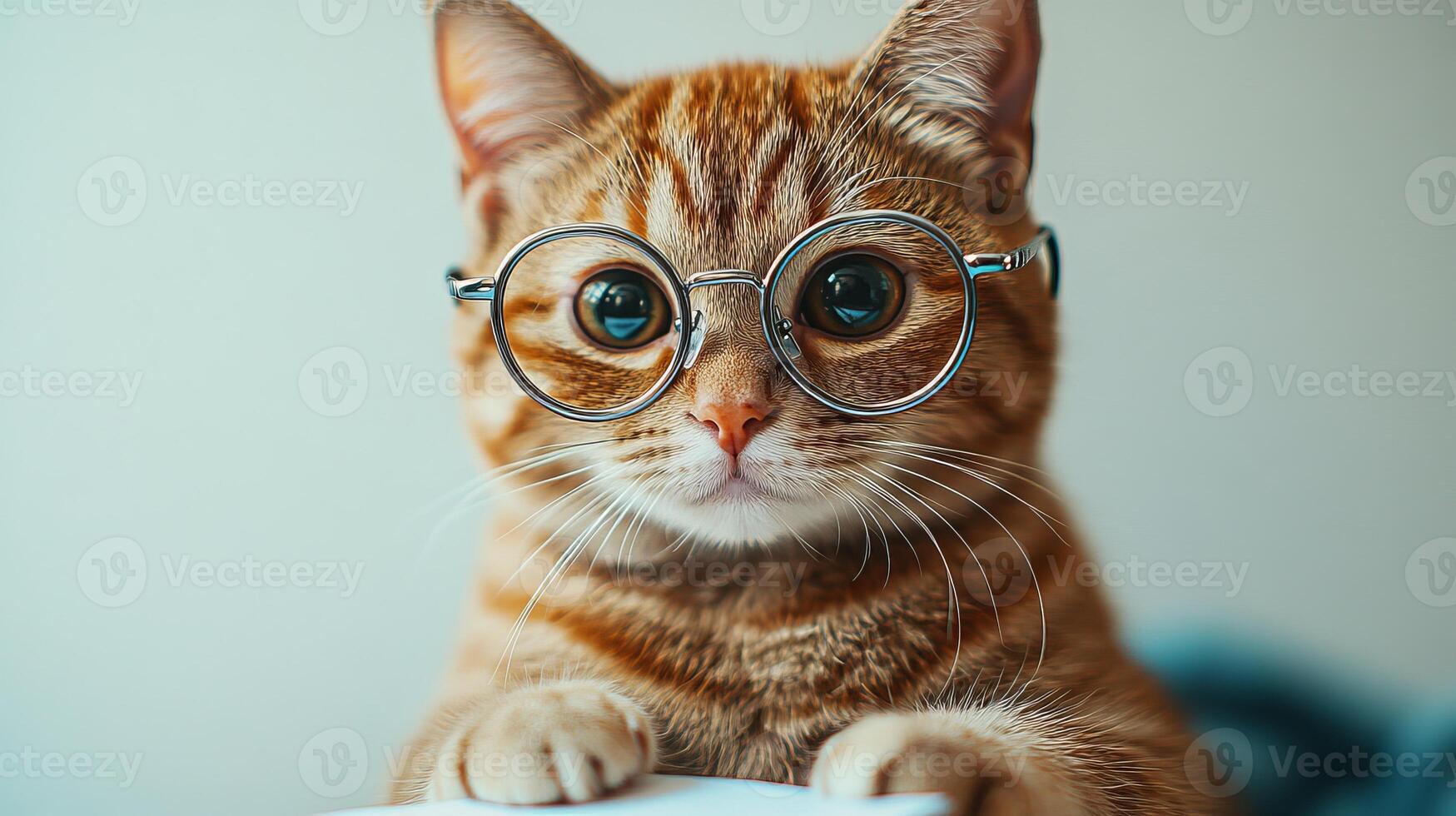 A delightful ginger cat with round glasses rests on a table, exuding charm and curiosity photo