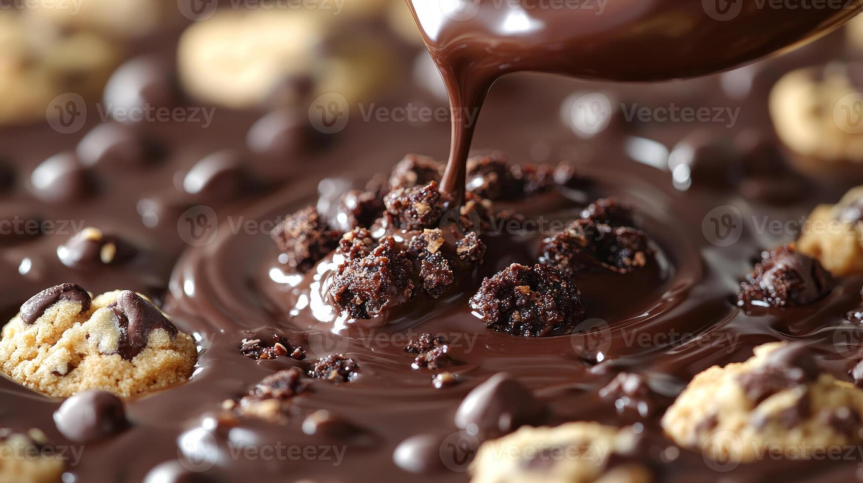 Melted chocolate flows over chunks of cookies and brownies, creating a decadent dessert experience photo