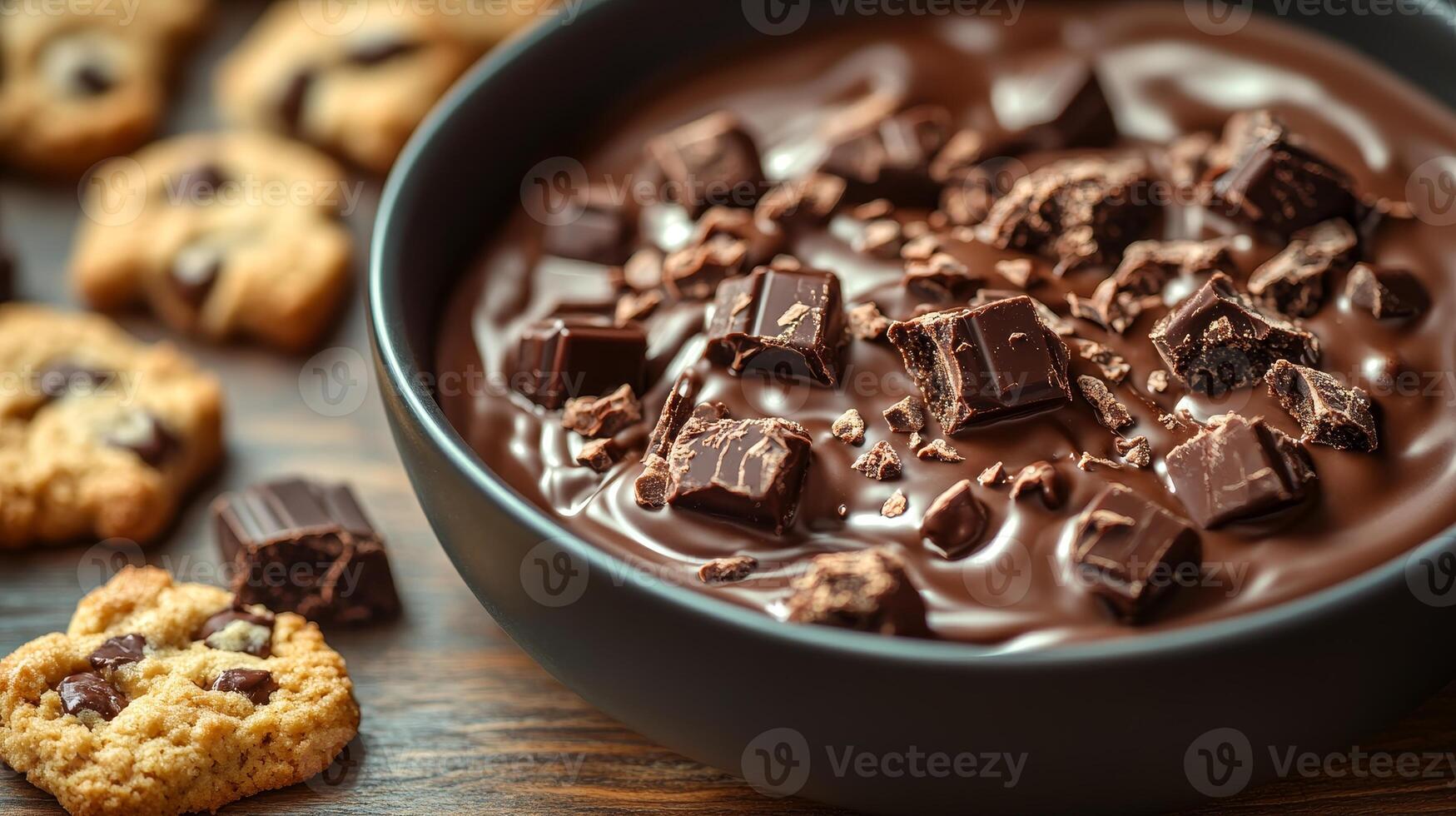 Melted chocolate in a bowl, surrounded by tempting cookies for dipping photo