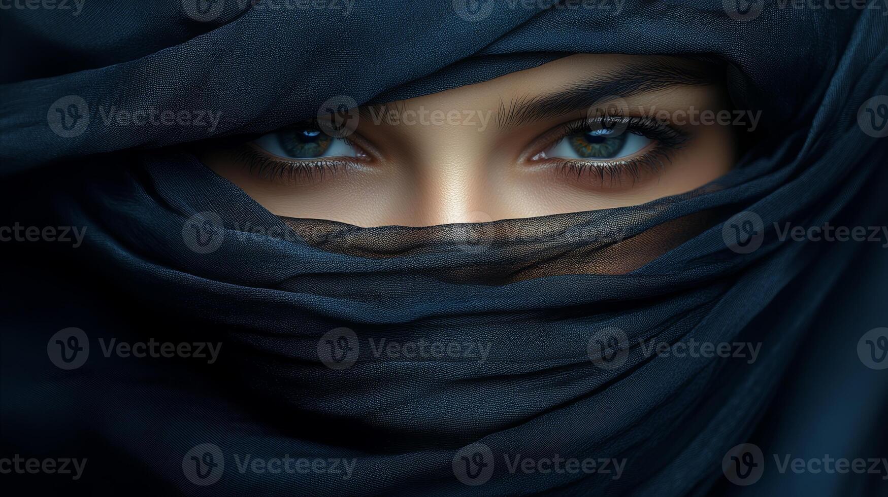 Eyes peer through layers of fabric, revealing a story of mystery and cultural beauty at twilight photo