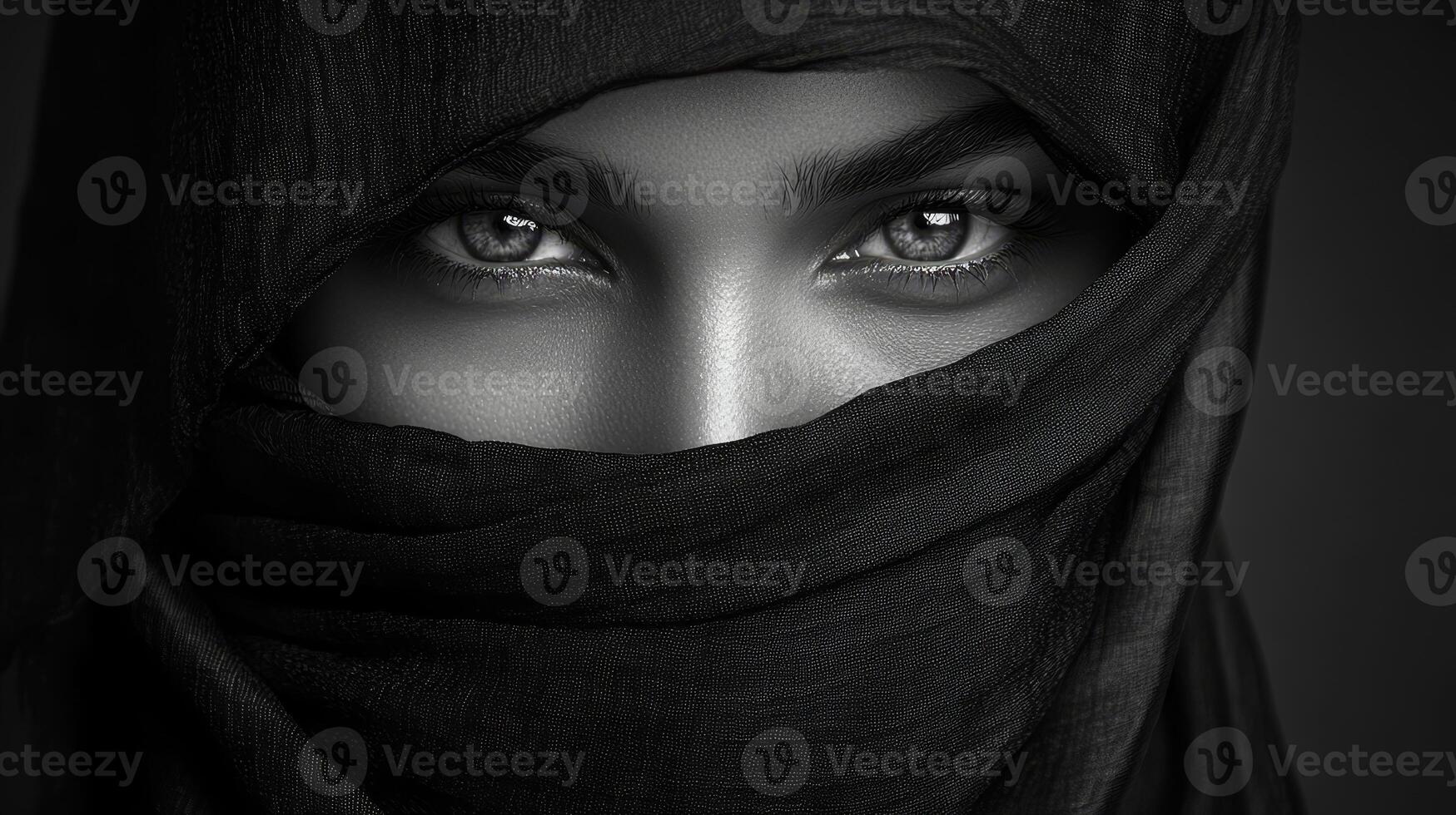 Eyes shine through a dark veil, embodying allure and mystique in a powerful, striking expression photo