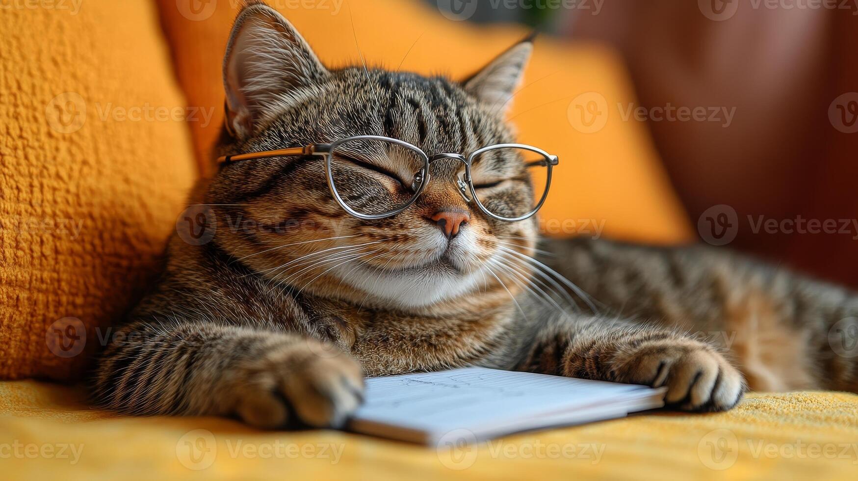 A charming tabby cat, wearing spectacles, rests on a vibrant couch while reading a book photo