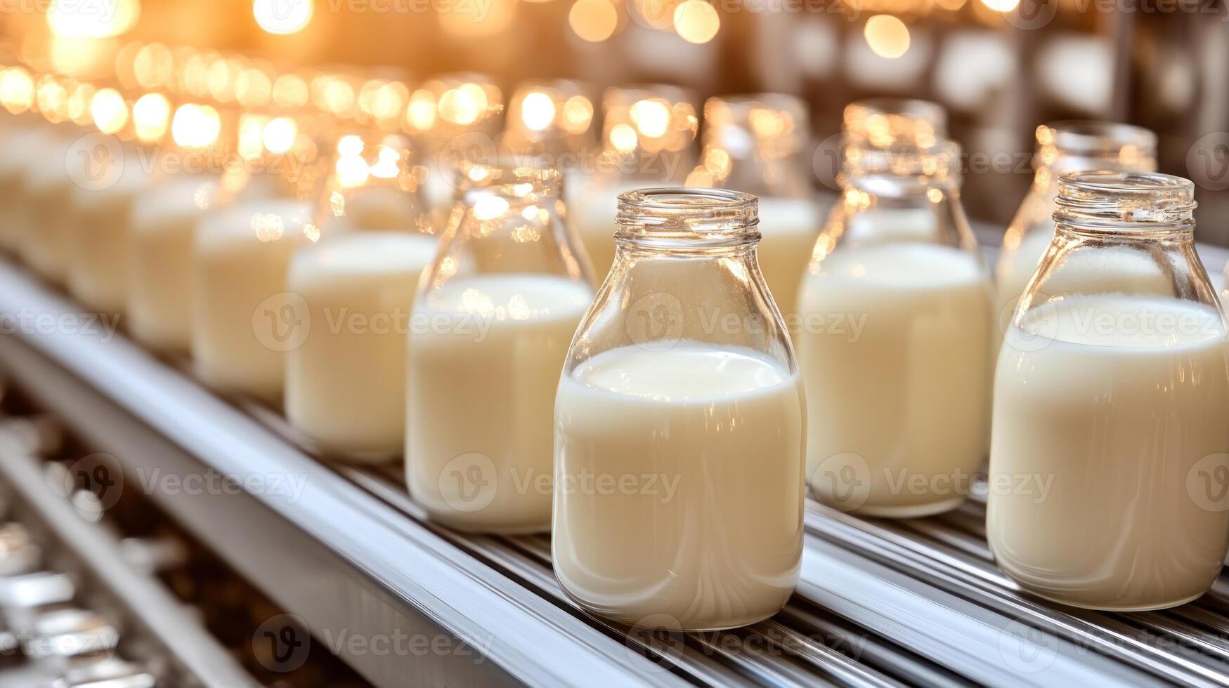 Glass jars filled with creamy milk glide effortlessly along the production line in a lively factory photo