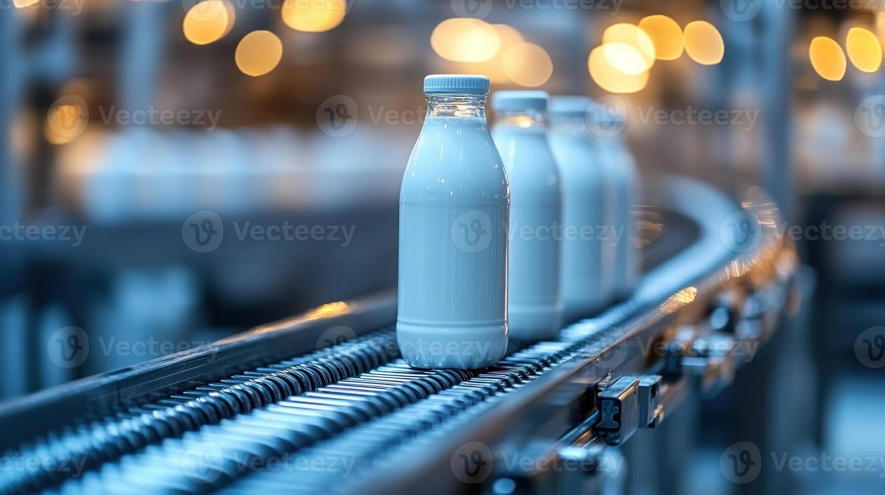 Bottles filled with fresh milk travel along an automated conveyor, showcasing efficient processing photo
