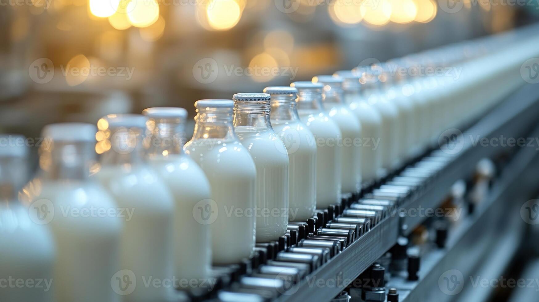 Bottles of fresh milk move steadily along the production line in a warm-lit factory setting photo