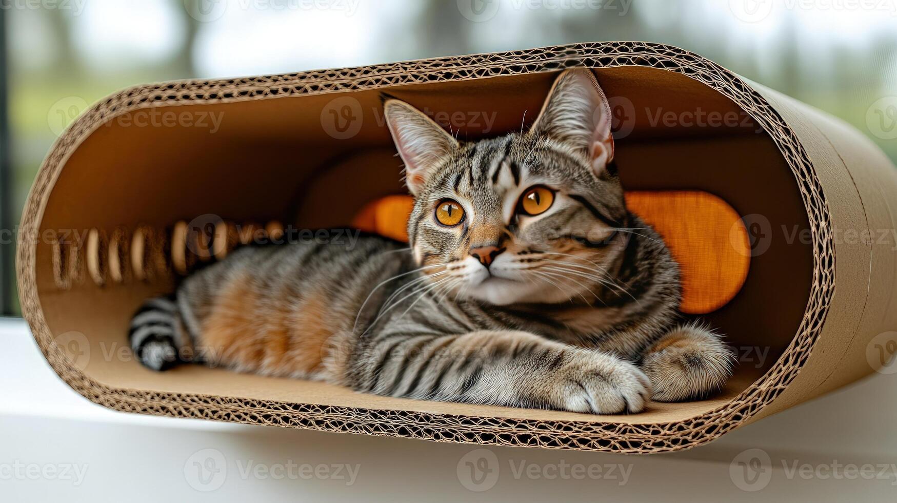 A playful cat lounges contentedly inside a cardboard tunnel, basking in the warm sunlight photo