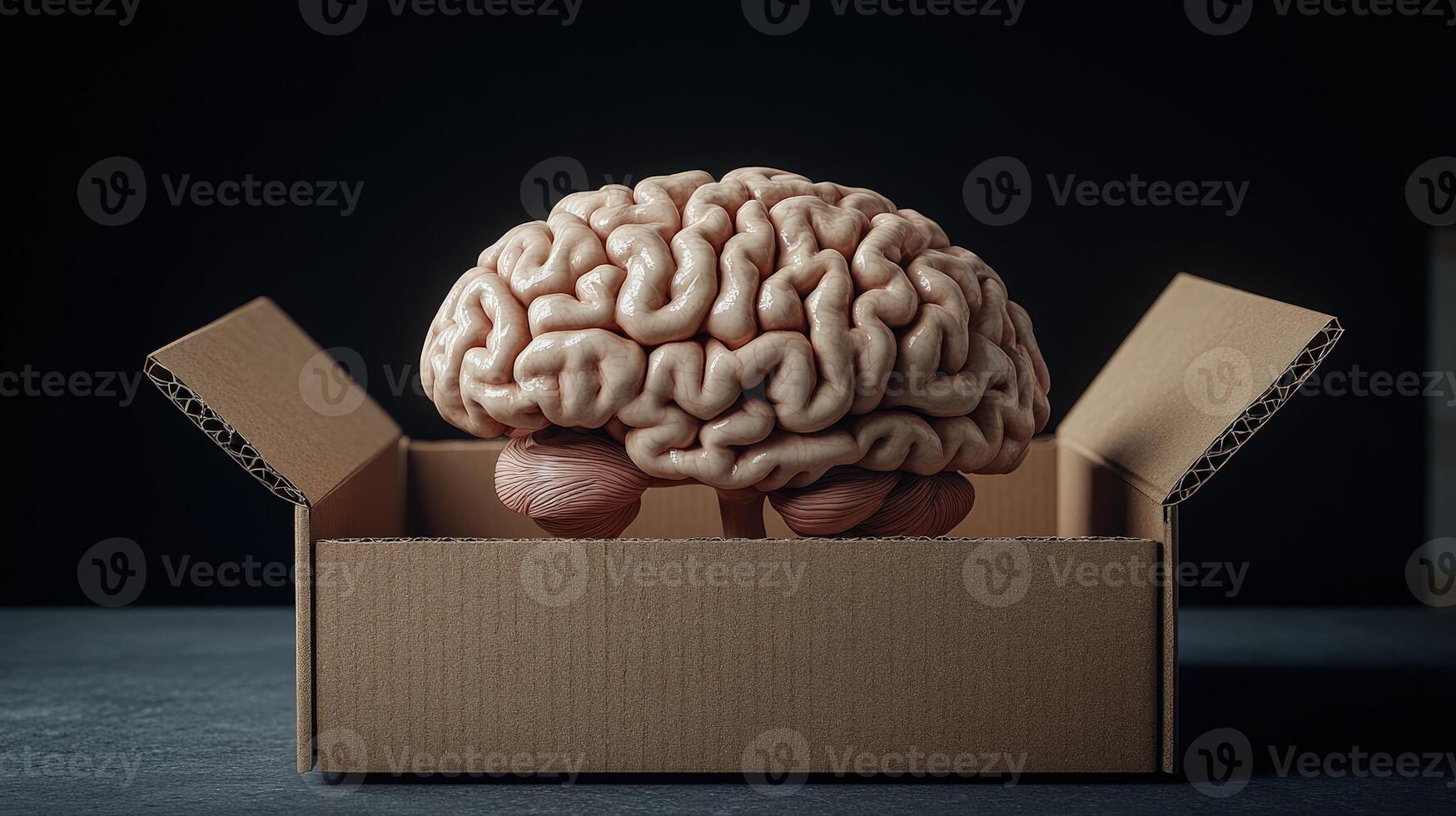 A unique representation of thought and innovation placed inside an open cardboard box in darkness photo