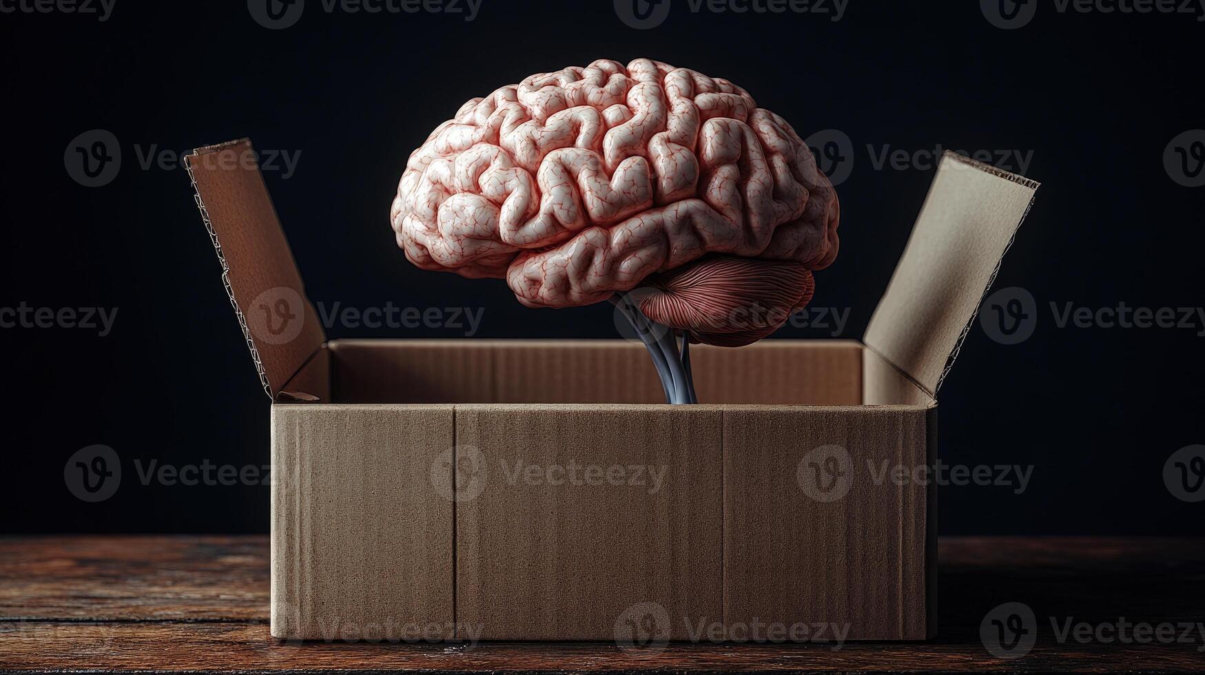 A brain emerges from a cardboard box, representing the beauty of creativity and ideas photo