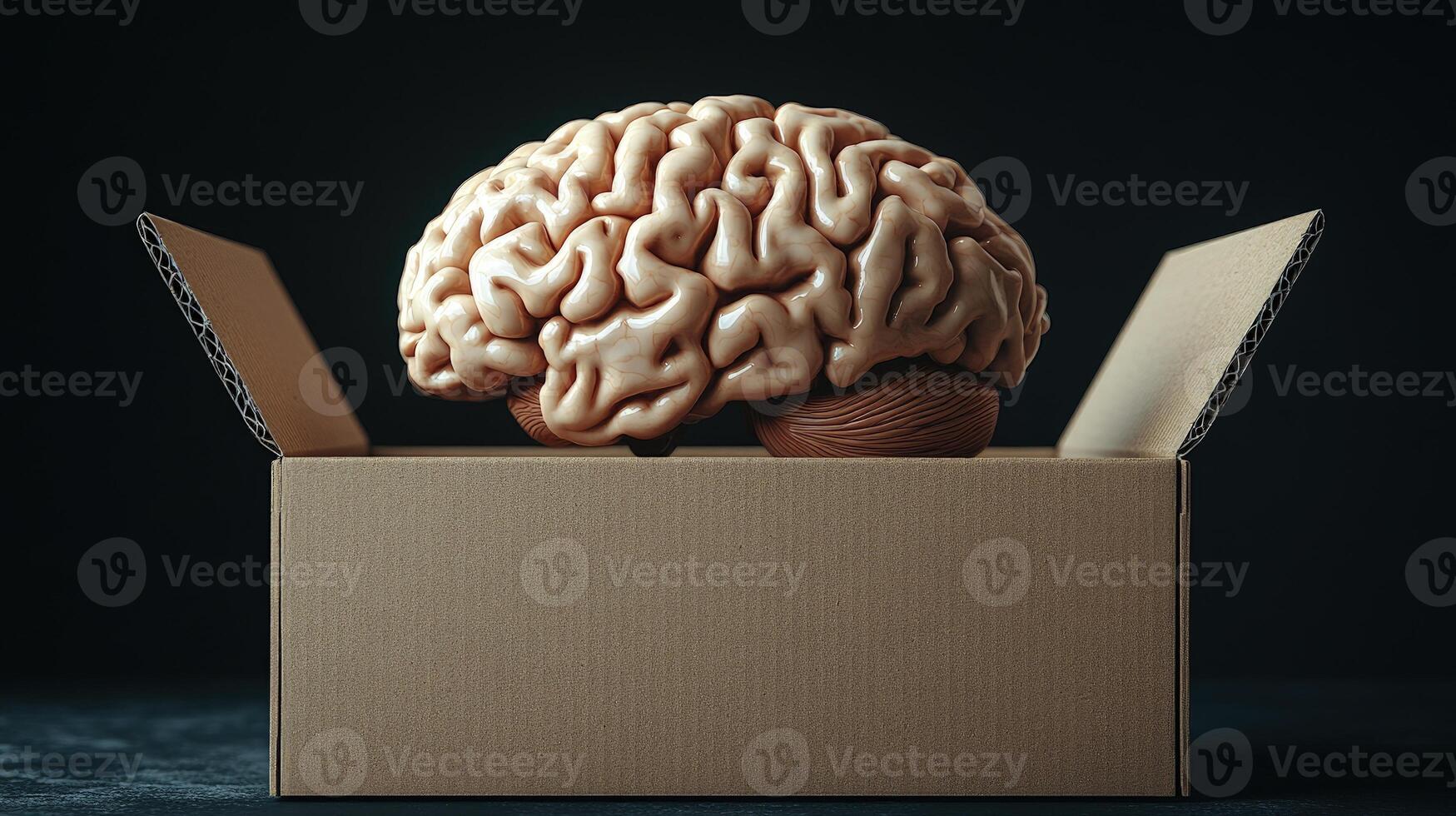 A realistic brain model sits in a cardboard box, symbolizing human thought and creativity photo