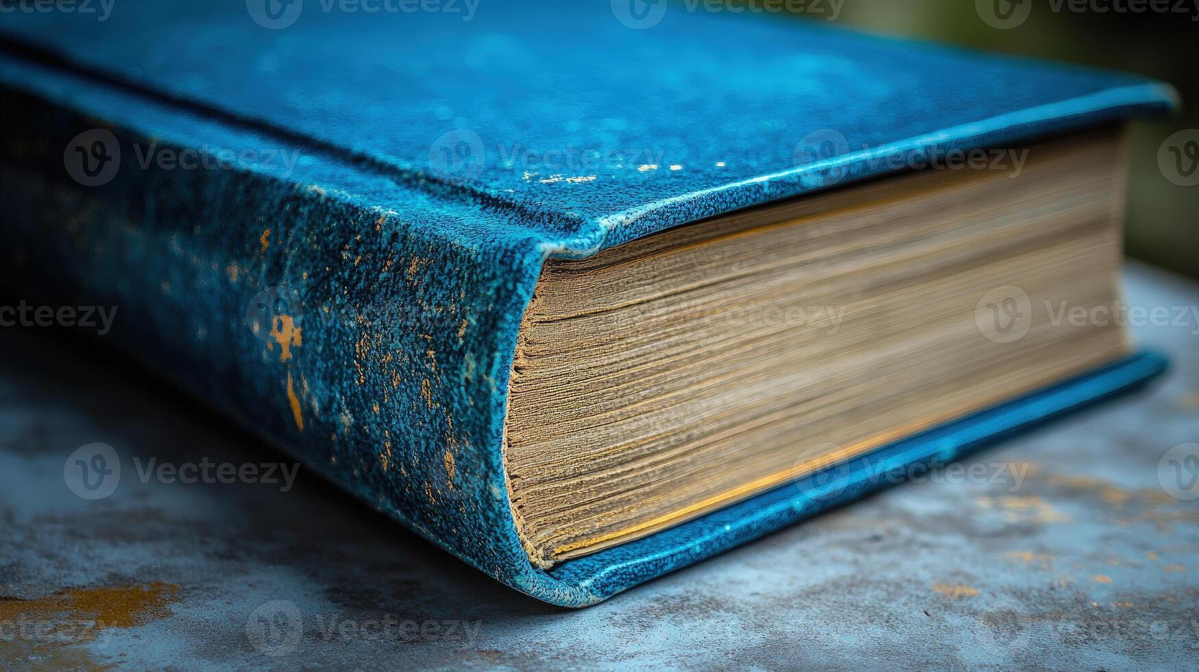 A worn blue book rests on a rustic surface, hinting at its age and inviting exploration photo